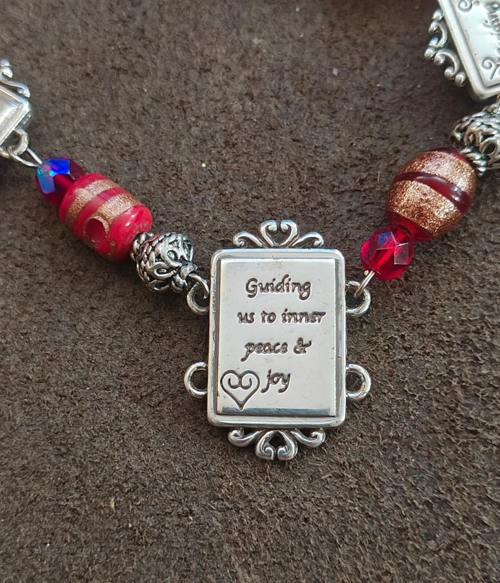 Silver portrait link bracelet center message charm with red glitter beads and blue crystal bead