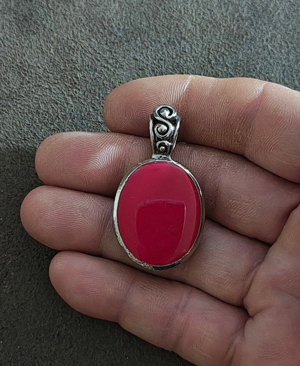 1980s Boho Style Red Stone Silver Tone Pendant.