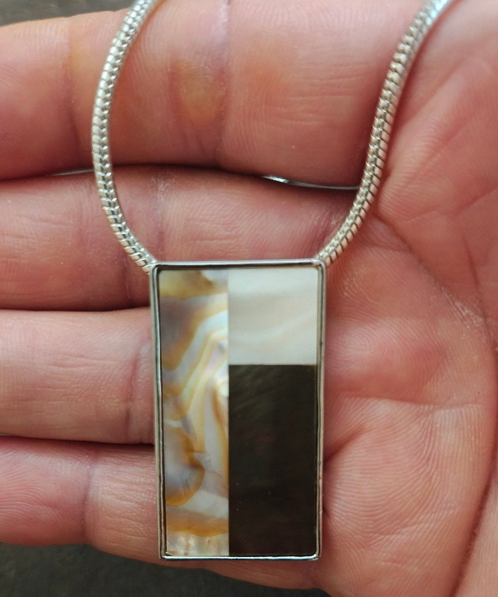 2000s Lia Sophia Mother of Pearl & Abalone Mosaic Geometric Pendant Necklace