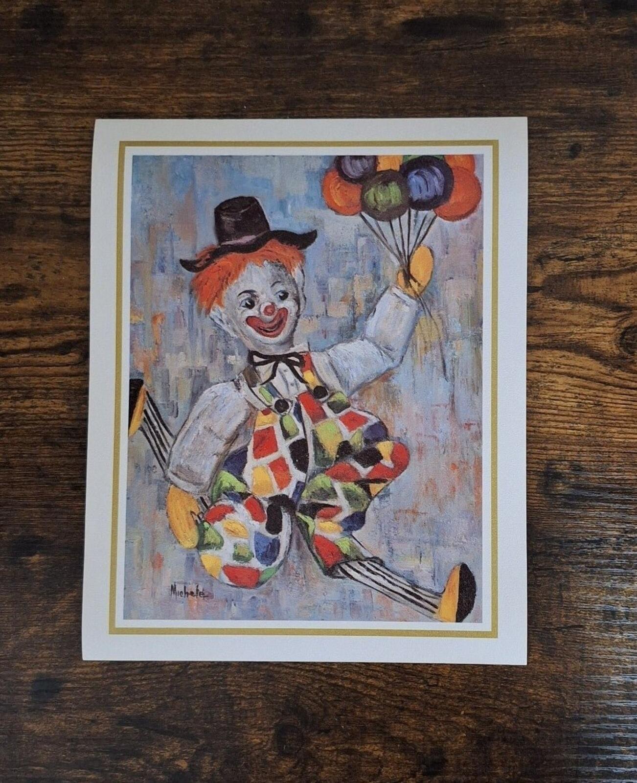 1960s Clown Balloons Lithograph Print Artist Signed Michele Reprint