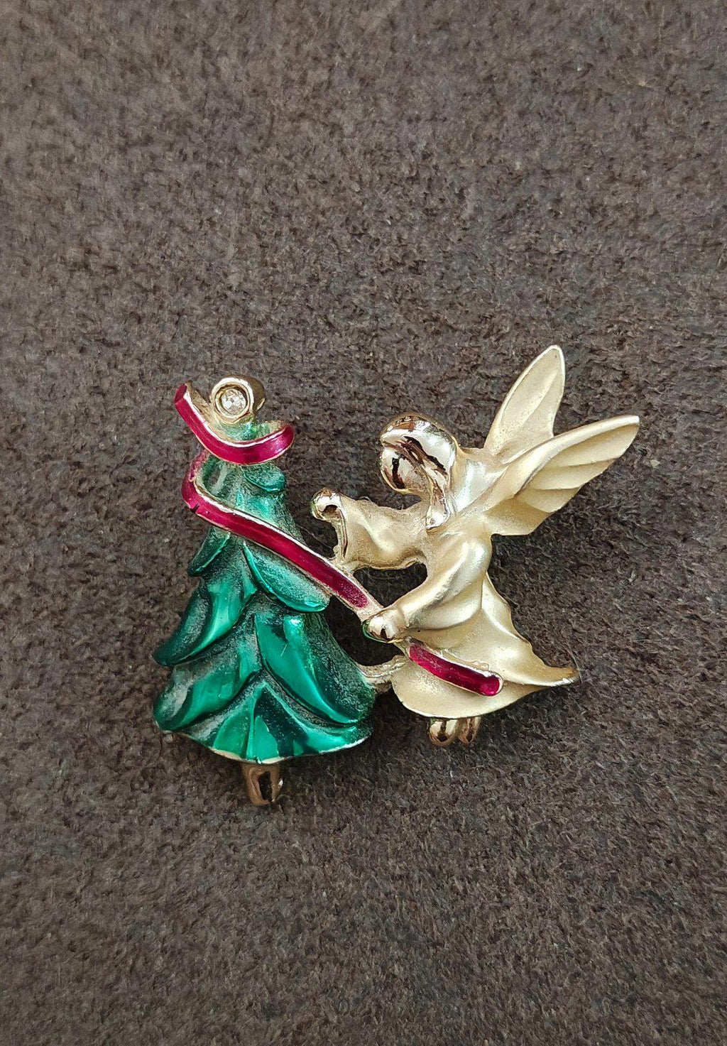 Enamel Christmas tree and angel brooch pin, green tree with red trim, gold-tone