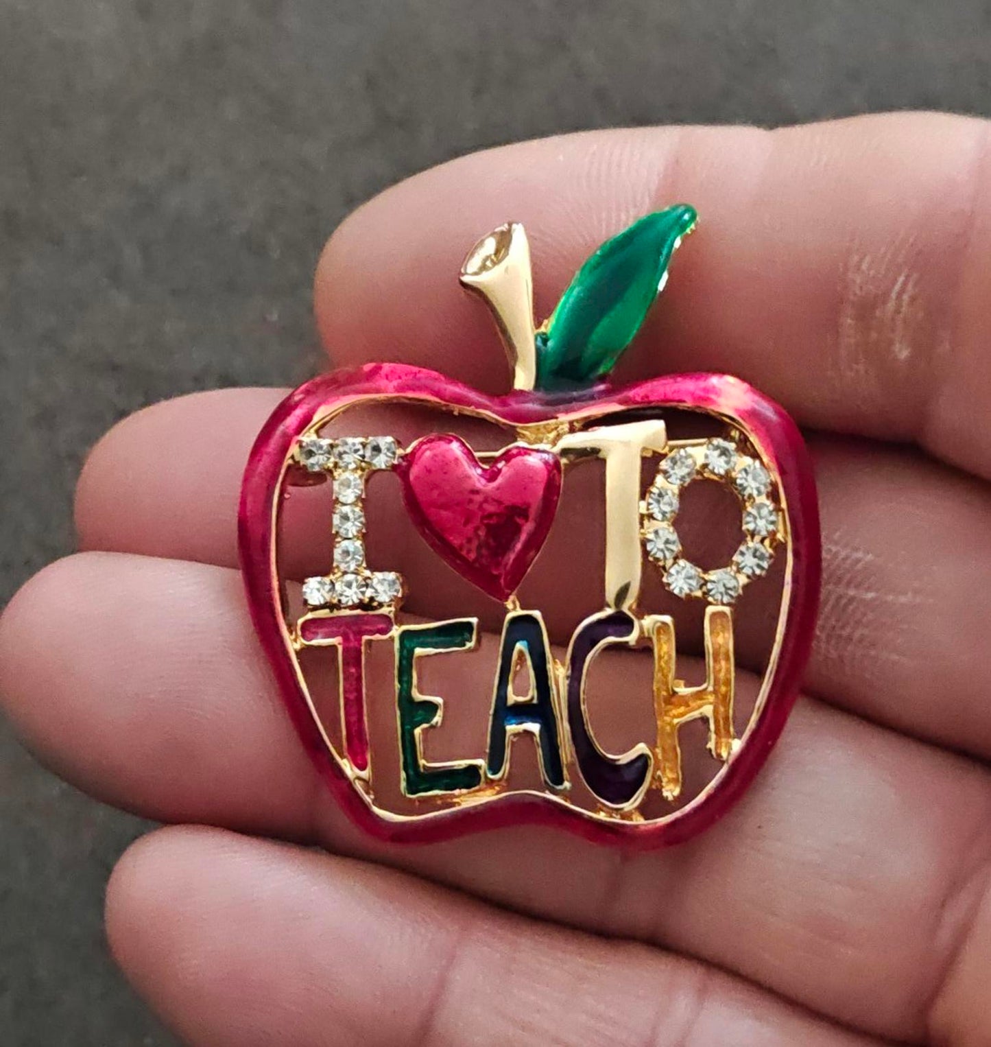 1980s "I Love To Teach" Apple Gold Tone With Rhinestones Enamel Brooch