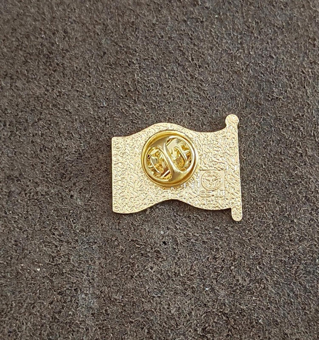 Gold-tone pin back with round raised logo and safety clasp