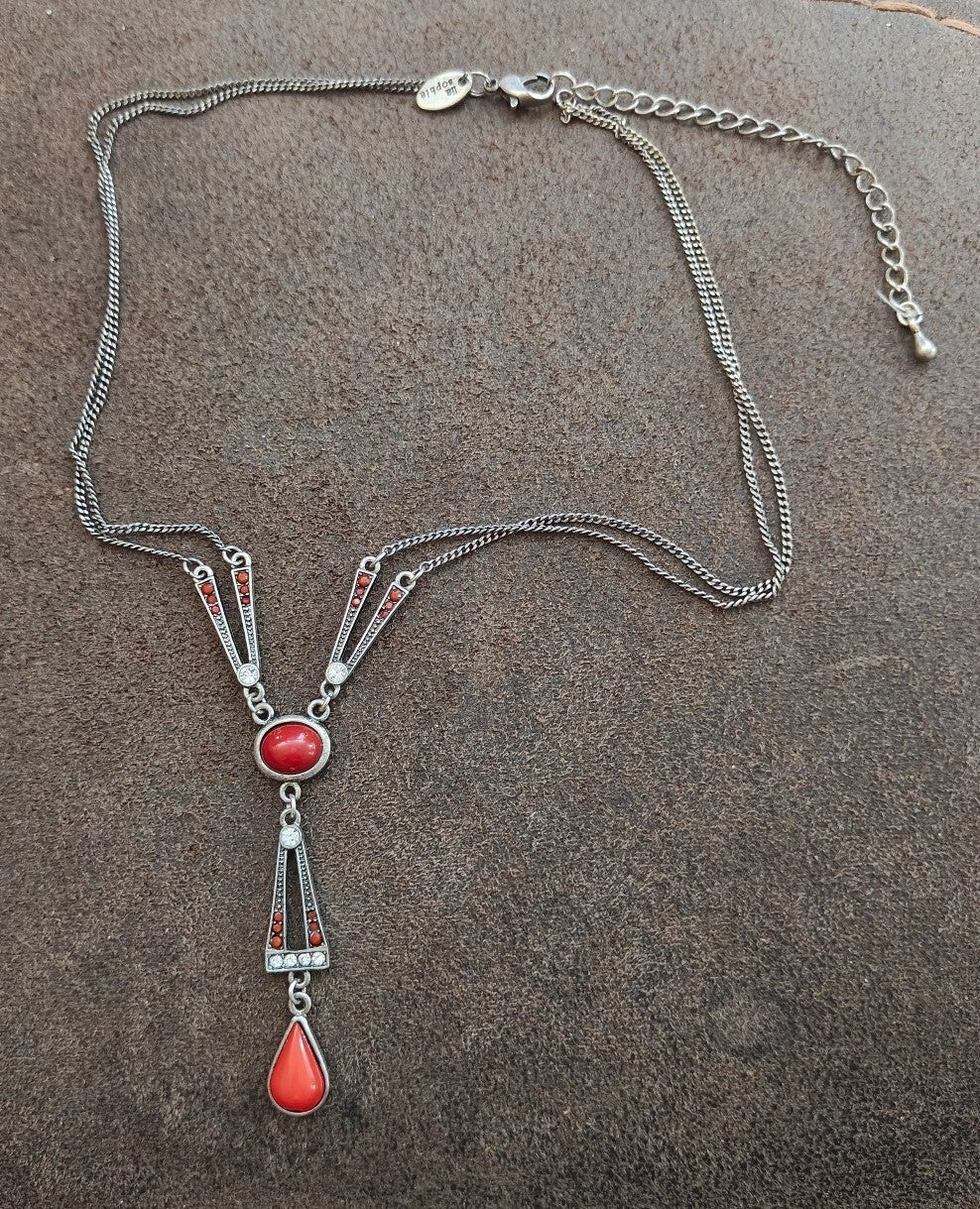 2000s Silver Tone Lia Sophia Divine Deco Red Cabochon Drop Necklace - Trinketmania