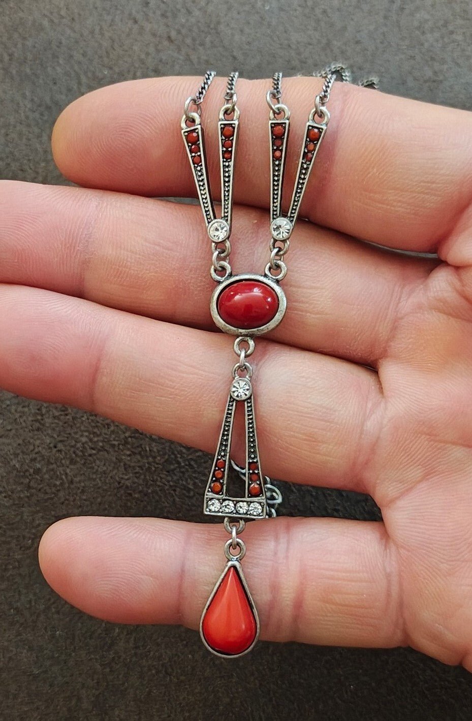 2000s Silver Tone Lia Sophia Divine Deco Red Cabochon Drop Necklace - Trinketmania