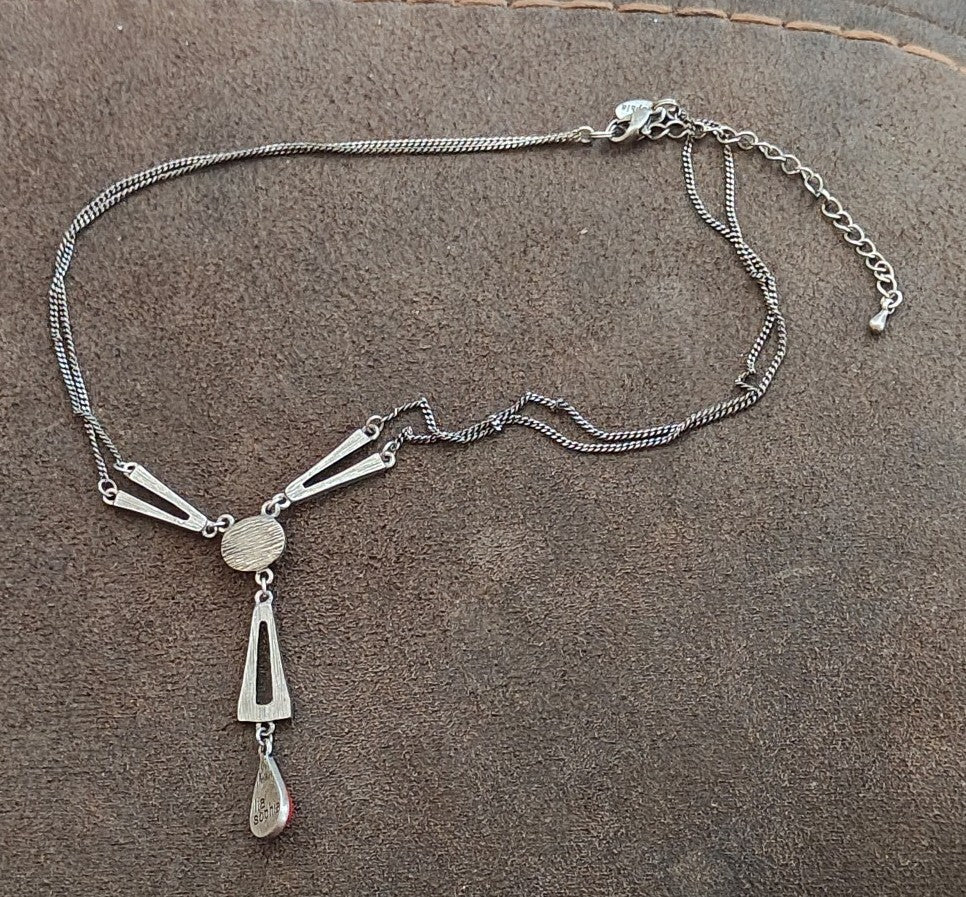 2000s Silver Tone Lia Sophia Divine Deco Red Cabochon Drop Necklace - Trinketmania