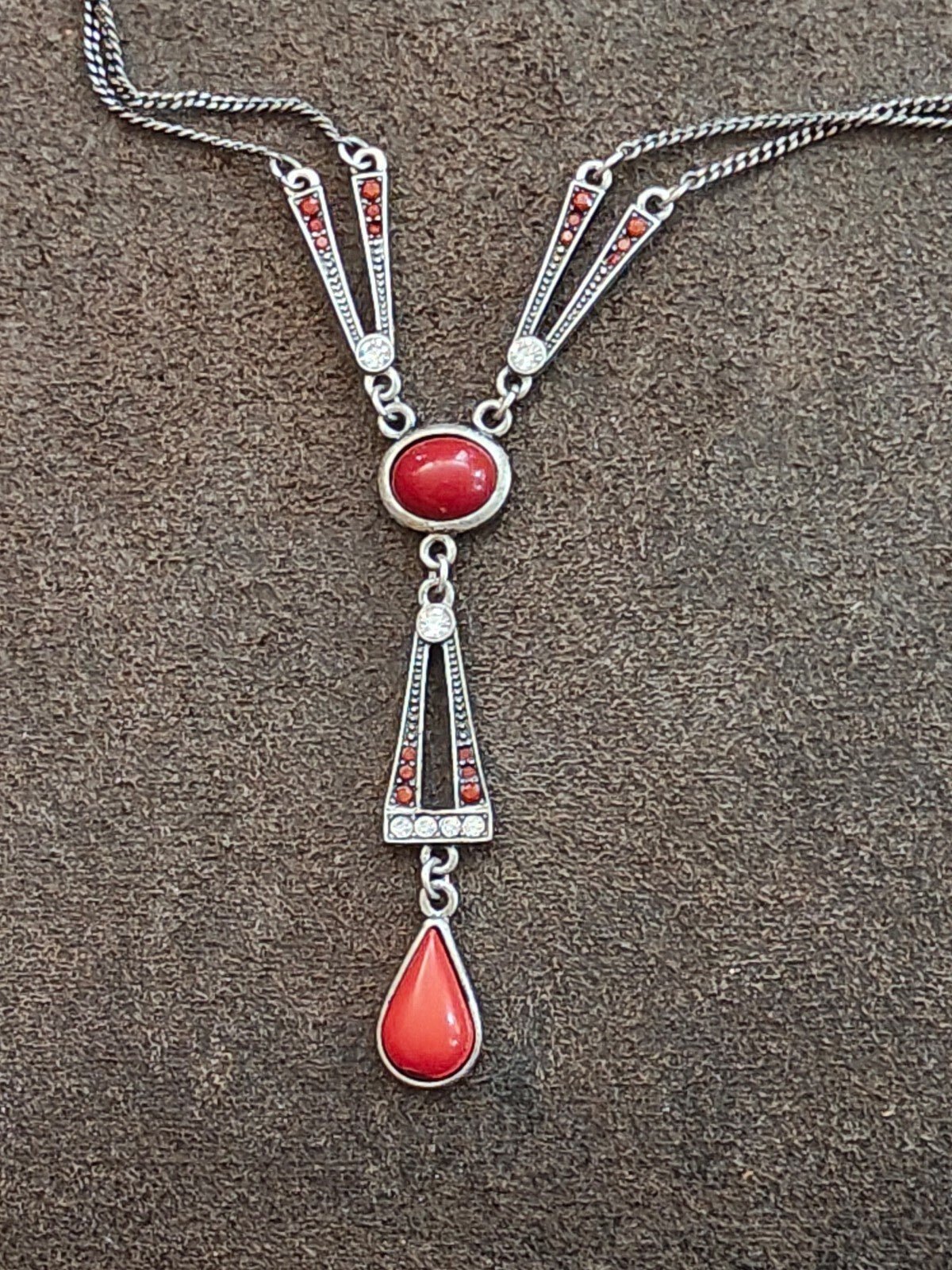 2000s Silver Tone Lia Sophia Divine Deco Red Cabochon Drop Necklace - Trinketmania
