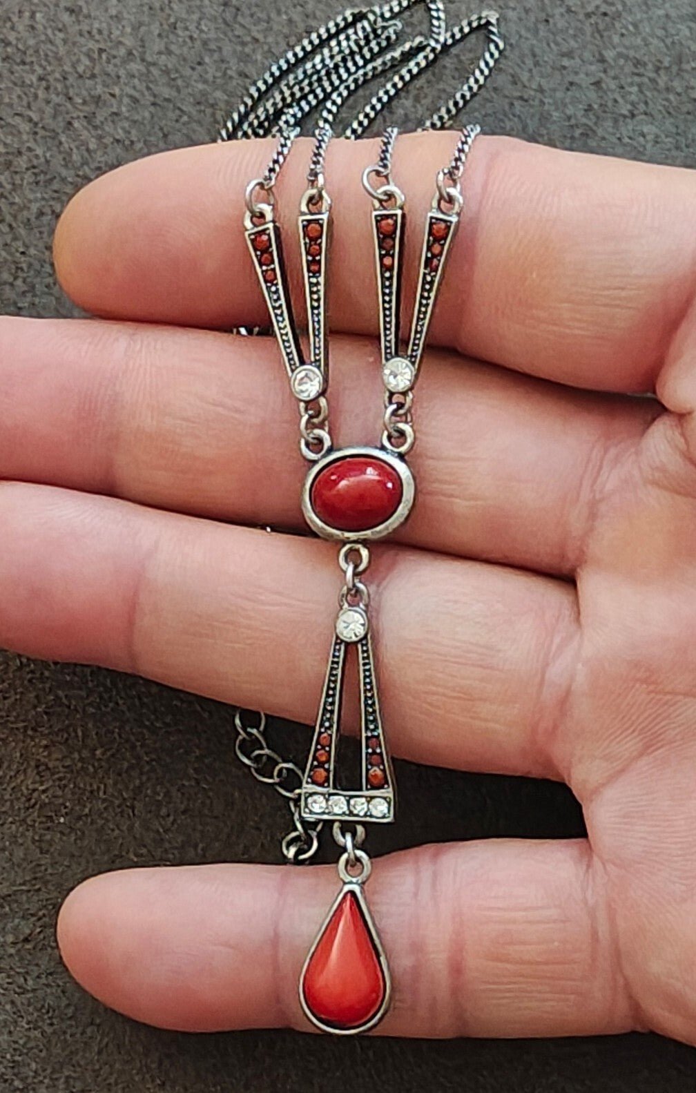 2000s Silver Tone Lia Sophia Divine Deco Red Cabochon Drop Necklace - Trinketmania