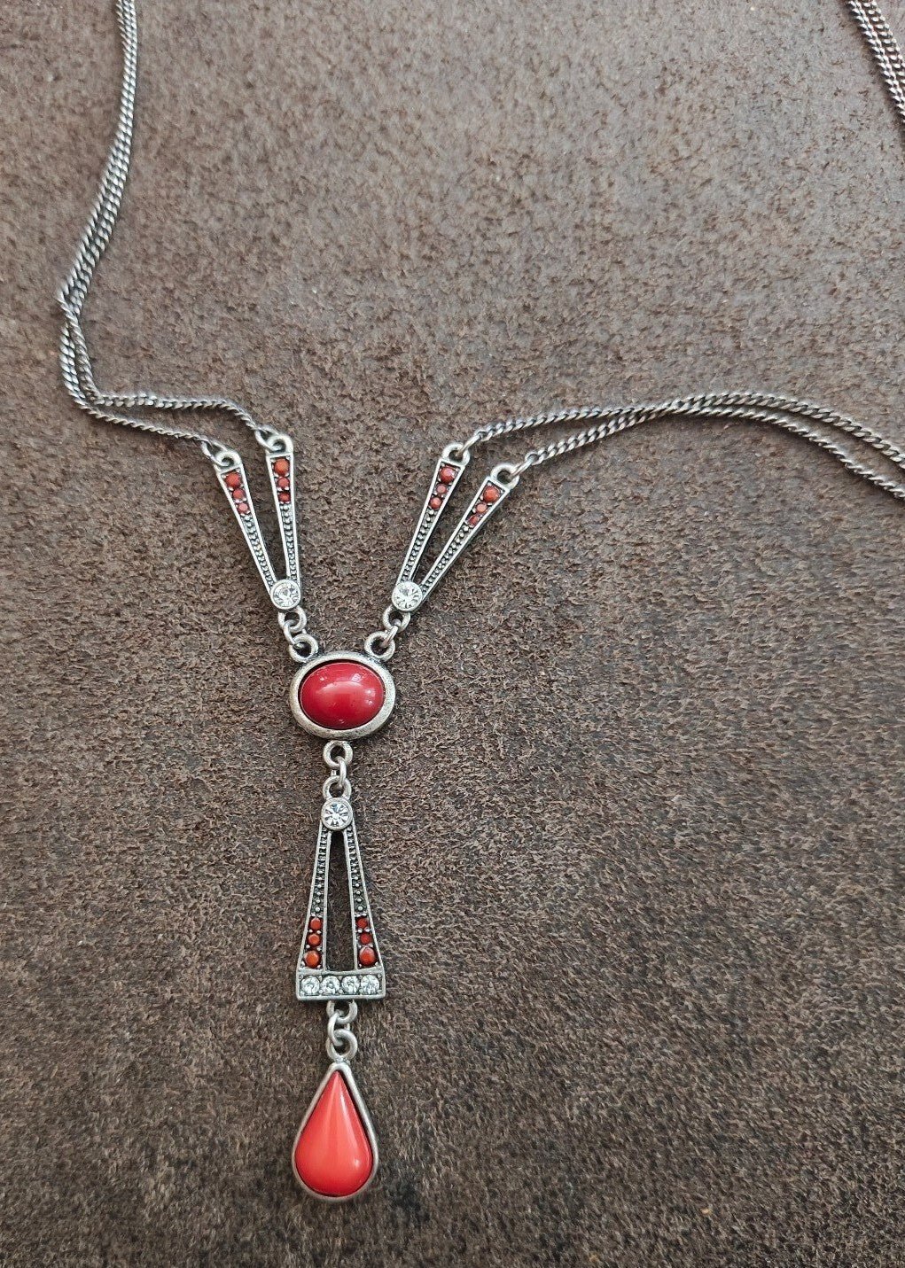 2000s Silver Tone Lia Sophia Divine Deco Red Cabochon Drop Necklace - Trinketmania