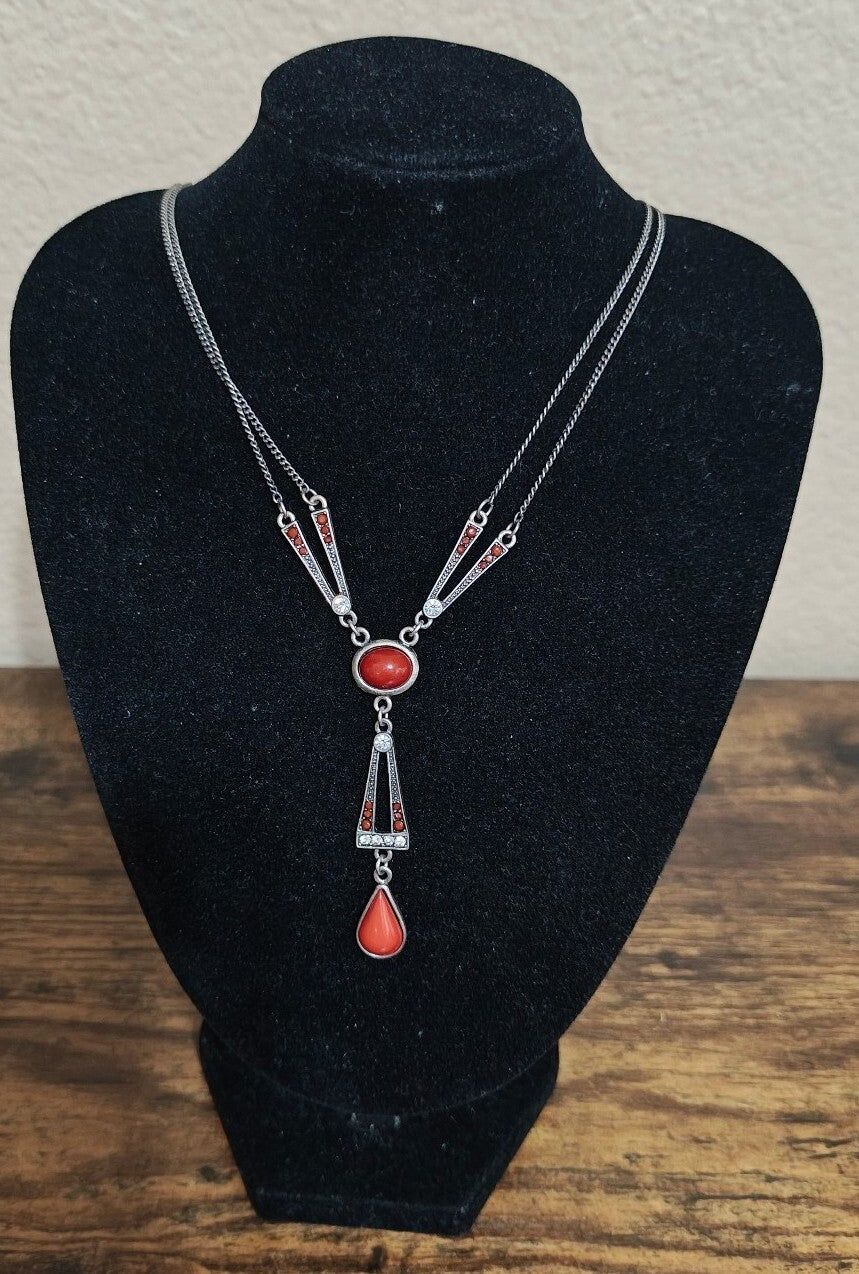 2000s Silver Tone Lia Sophia Divine Deco Red Cabochon Drop Necklace - Trinketmania