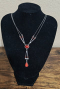 2000s Silver Tone Lia Sophia Divine Deco Red Cabochon Drop Necklace - Trinketmania