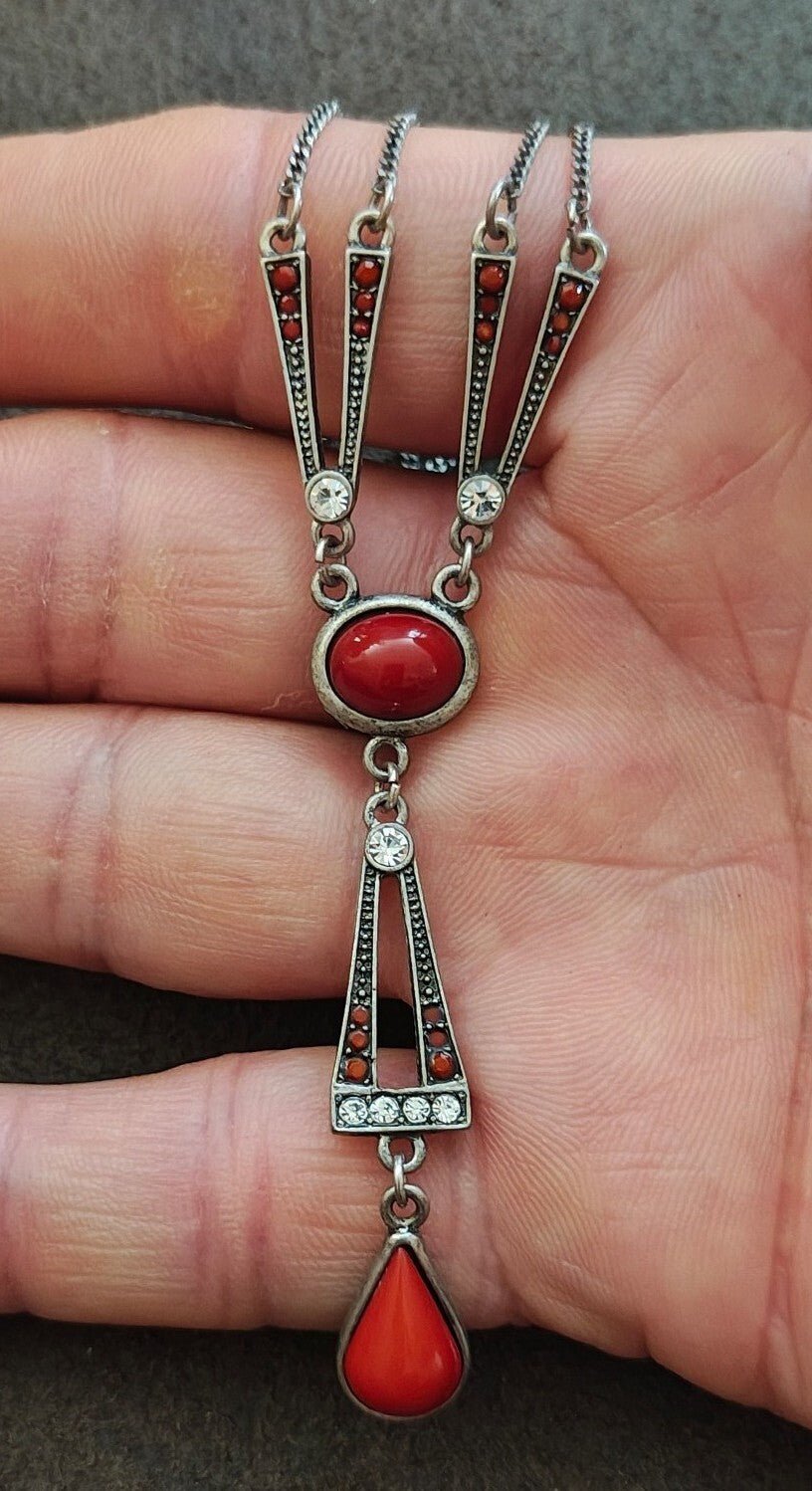 2000s Silver Tone Lia Sophia Divine Deco Red Cabochon Drop Necklace - Trinketmania