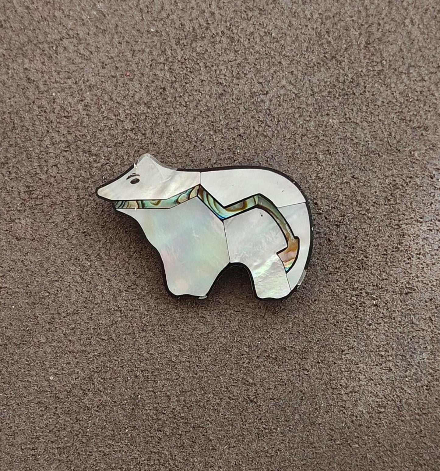 1990s Native American Zuni Style Mother of Pearl and Abalone Shell Bear Brooch