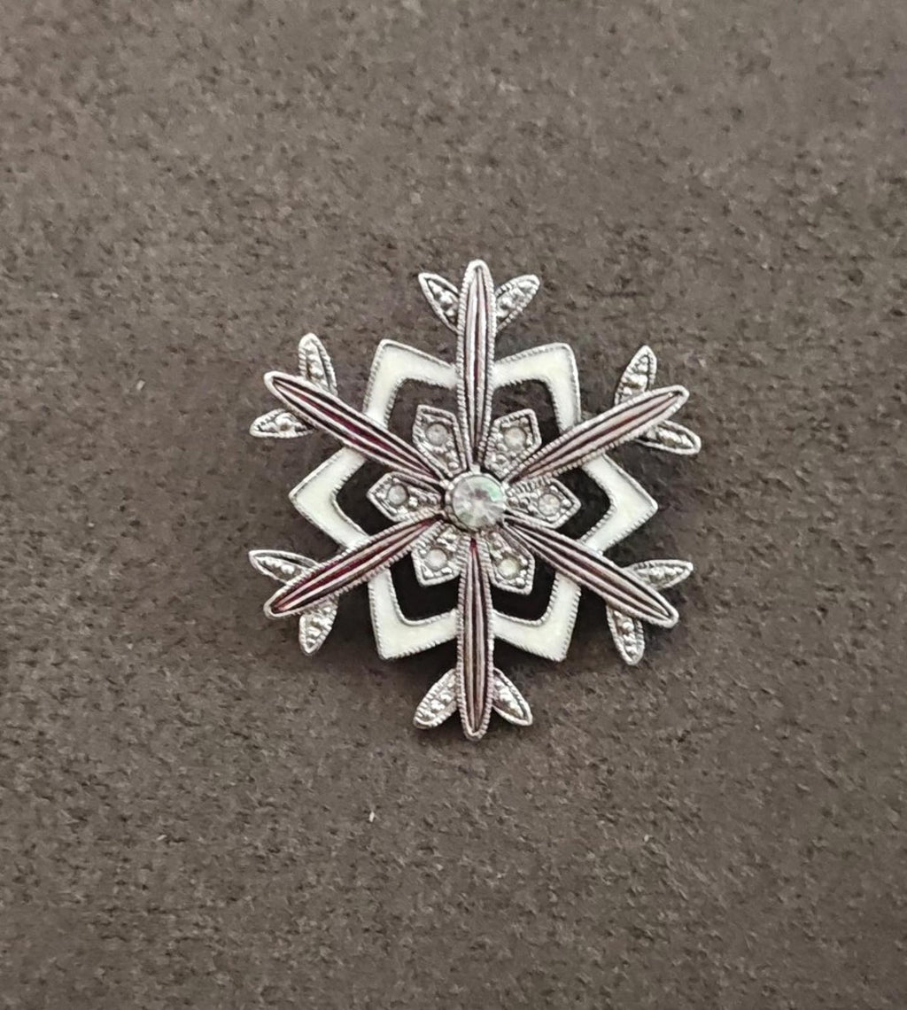 2000s Lia Sophia Silver Tone Snowflake With Iridescent Rhinestones Enamel Brooch