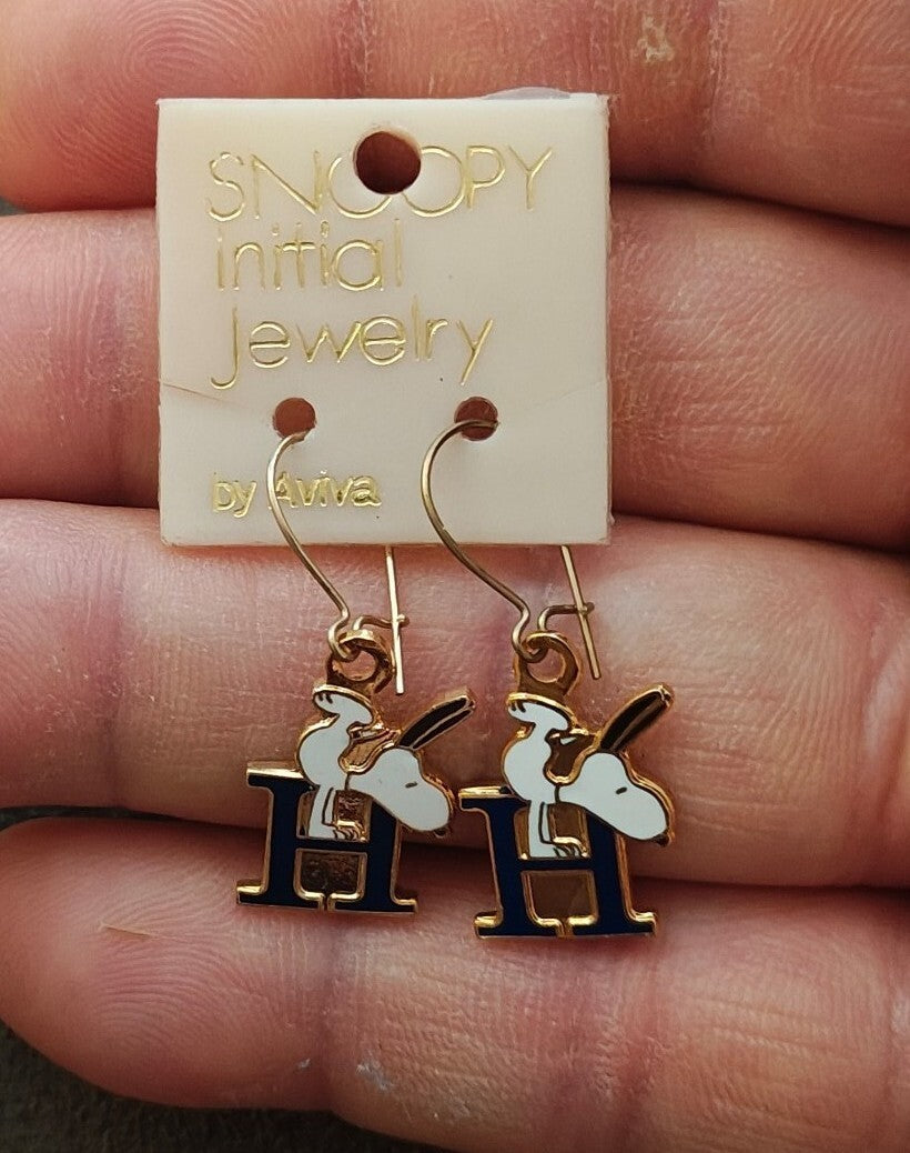 1970s Peanuts Snoopy Initial "H" Gold Tone Cloisonné Enamel Dangle Earrings New