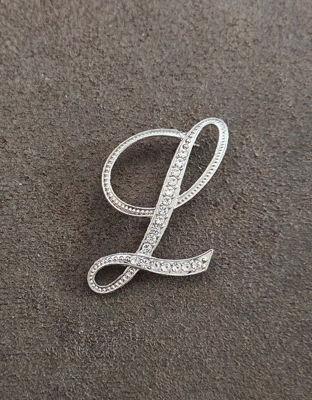 Silver Tone Monogram Initial "L" With Sparkling Clear Rhinestones Brooch