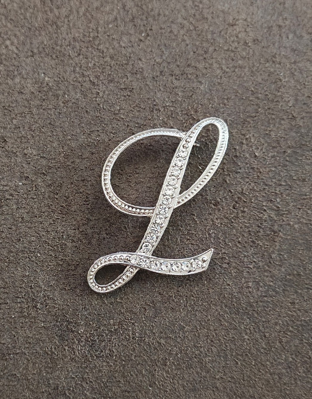Silver Tone Monogram Initial "L" With Sparkling Clear Rhinestones Brooch