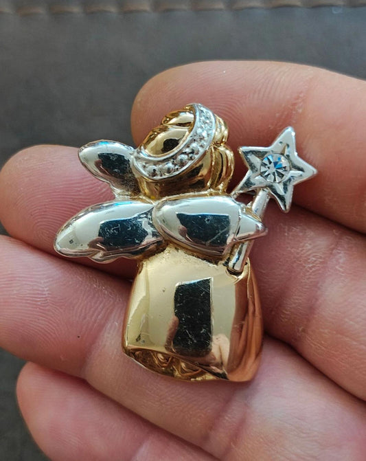 1980's Angel With Star Wand Two Tone Rhinestones Brooch