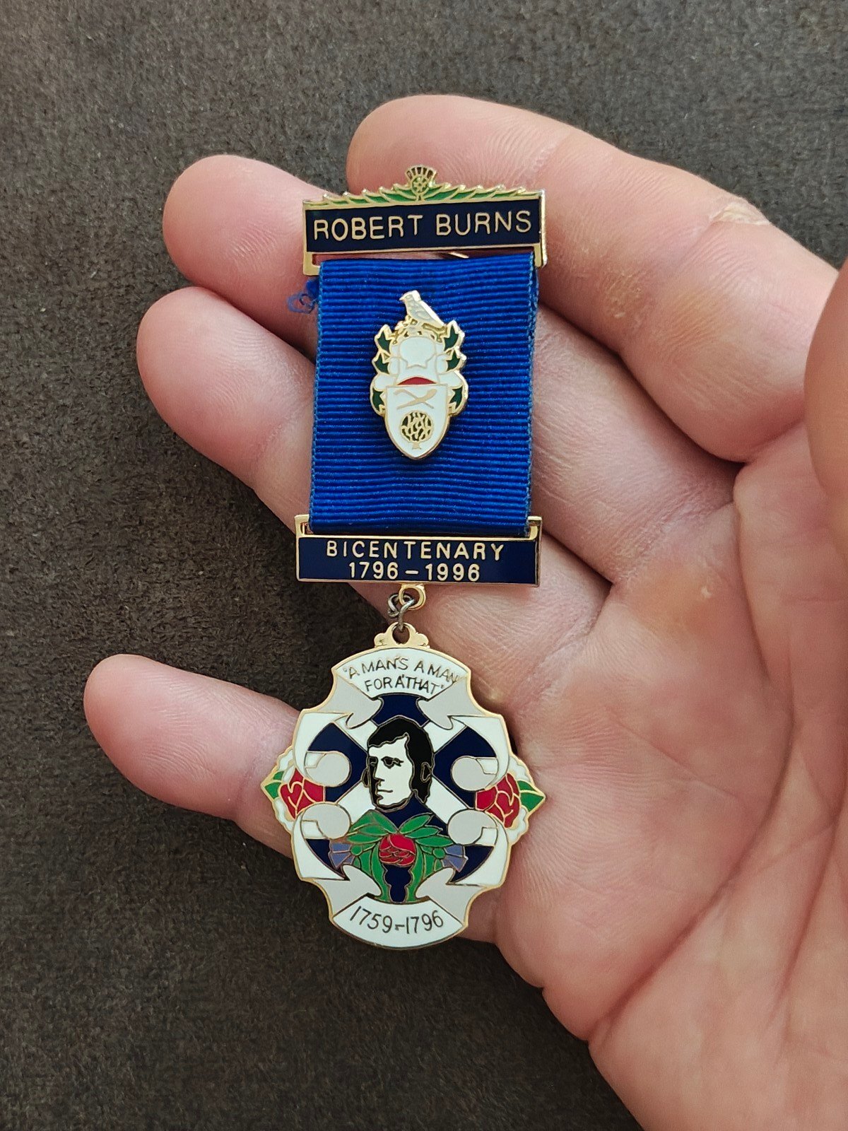 1996 Robert Burns Bicentenary Commemorative Medal Ribbon Badge Pin