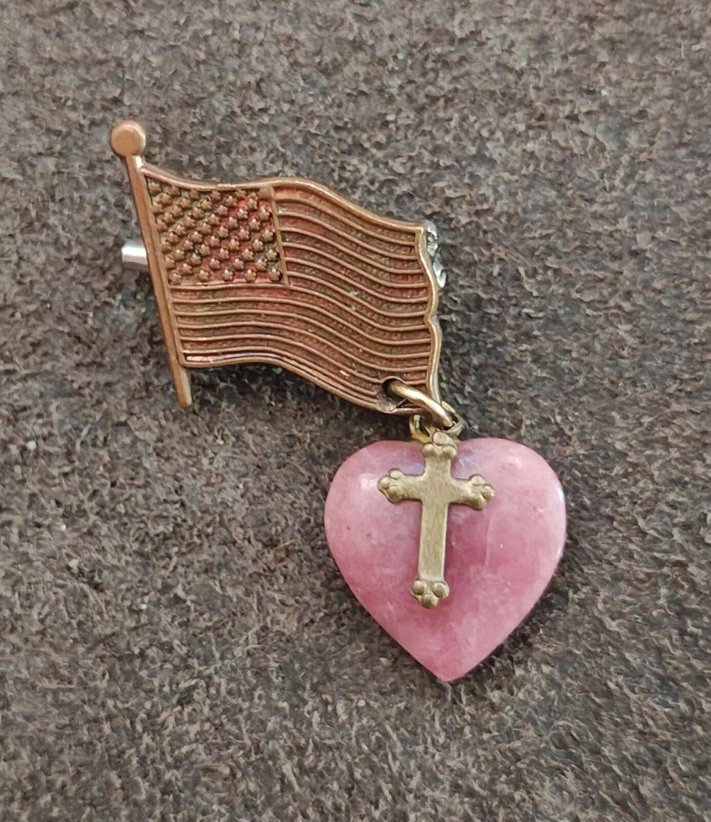 80s Gold Tone Patriotic & Religious American Flag With Heart Cross Charm Brooch