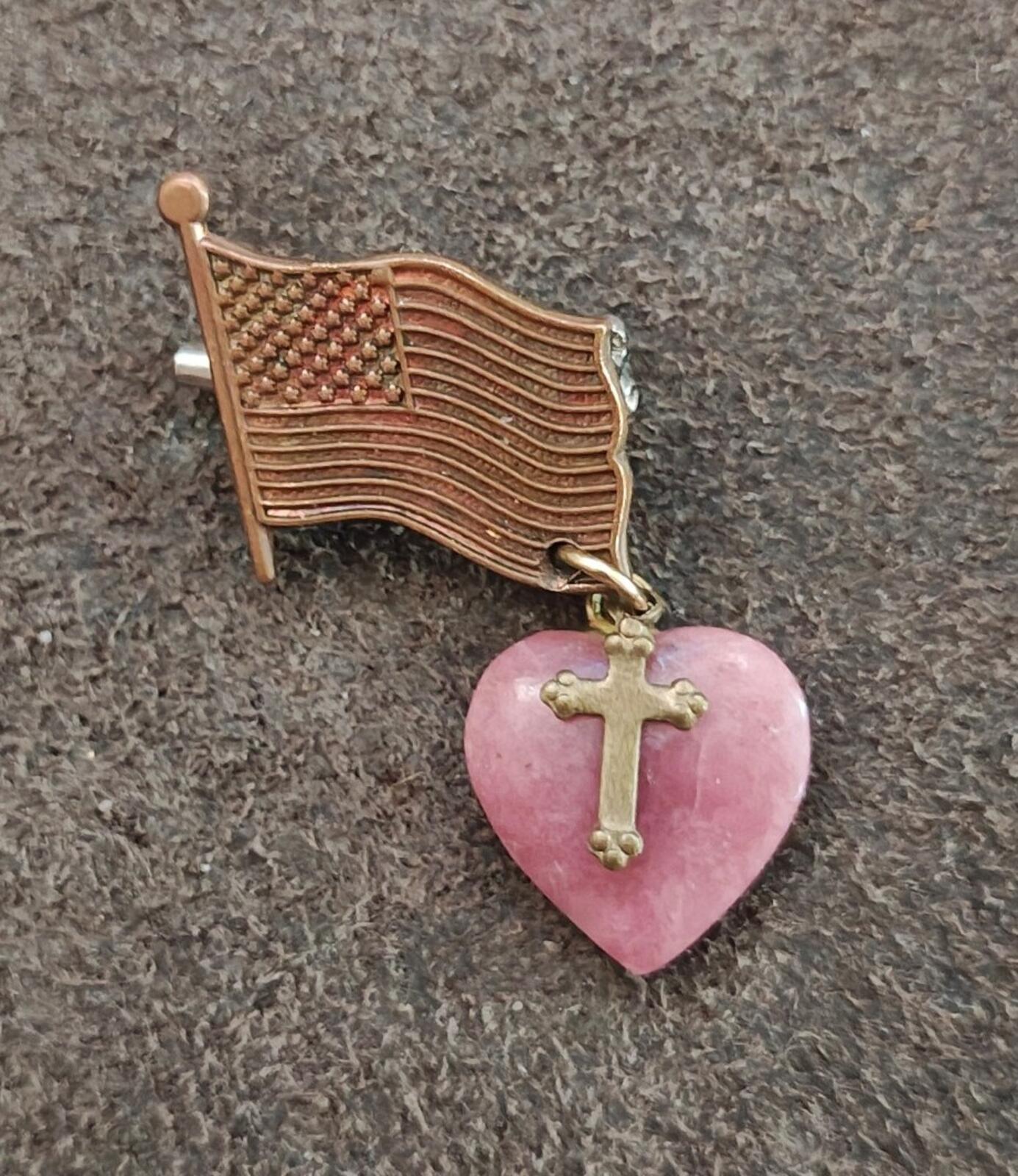 80s Gold Tone Patriotic & Religious American Flag With Heart Cross Charm Brooch