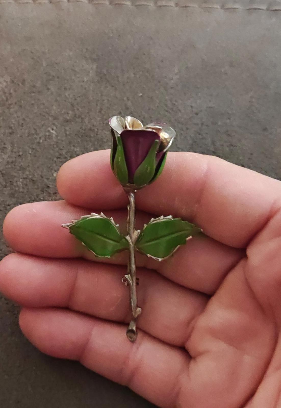1970s Silver Tone Purple and Green Enamel Rose Brooch