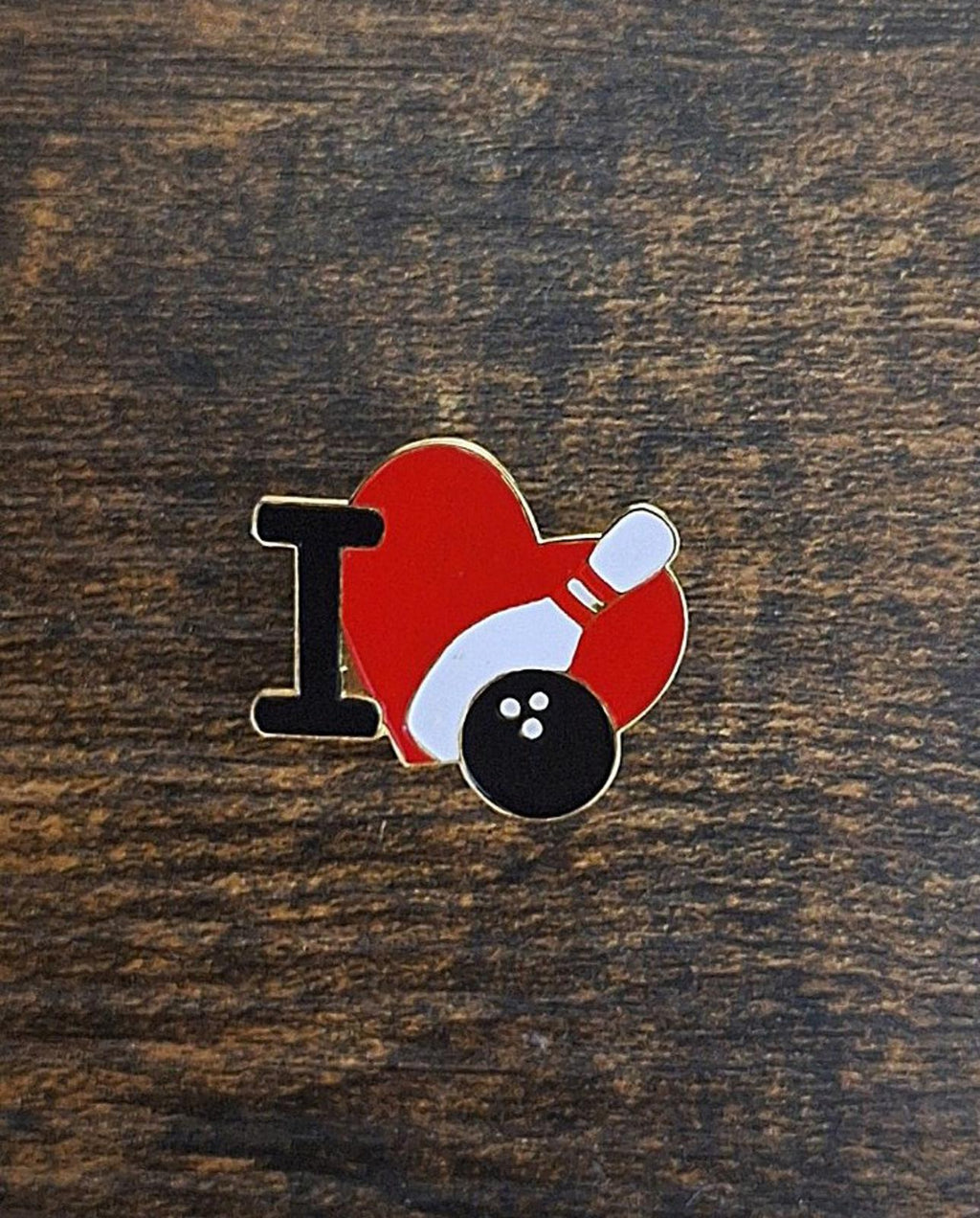 I Love Heart Bowling Gold Tone Enamel Pin.