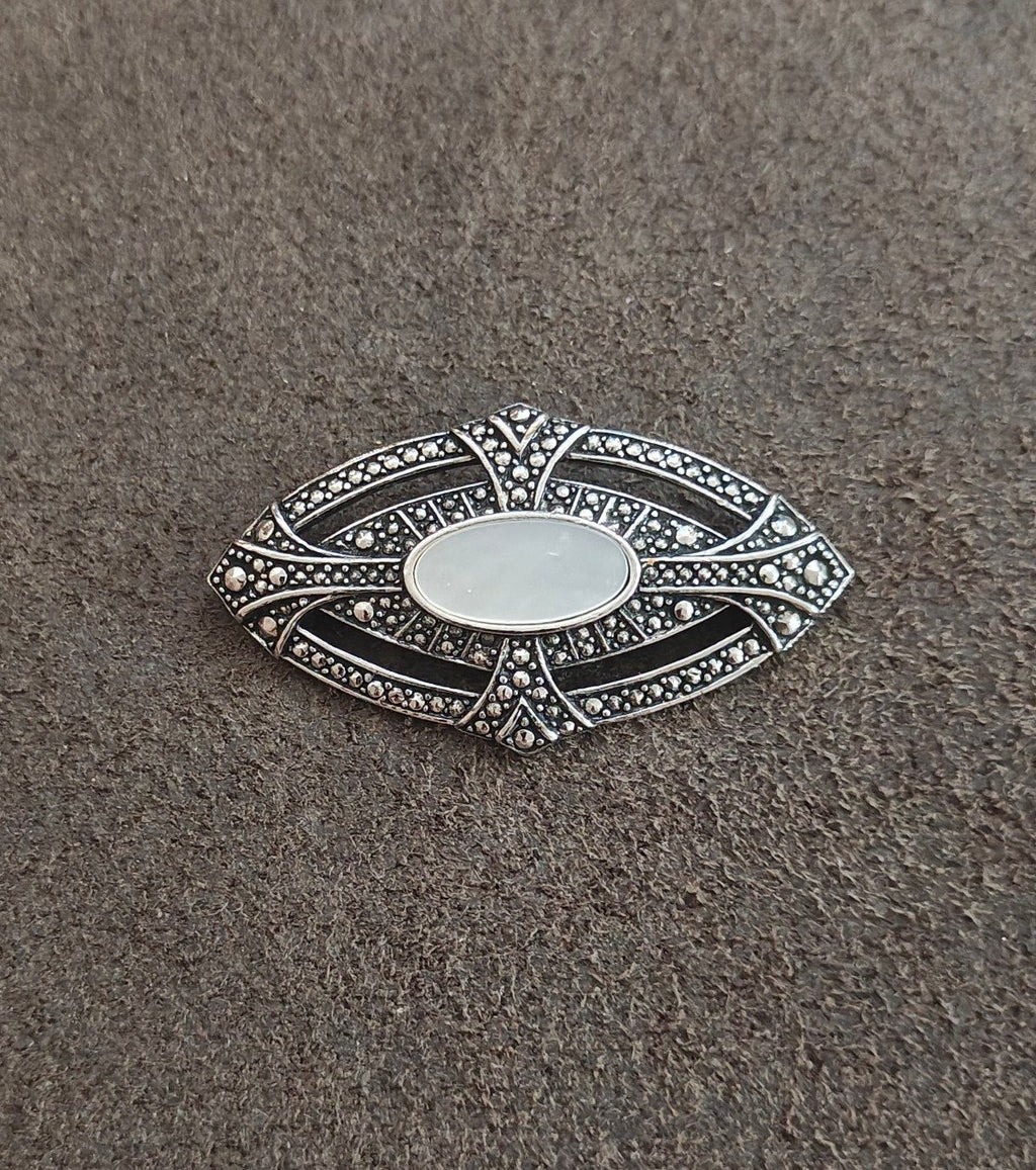 1980s Art Deco Style Marcasite & Mother of Pearl Silver Tone Brooch Pin