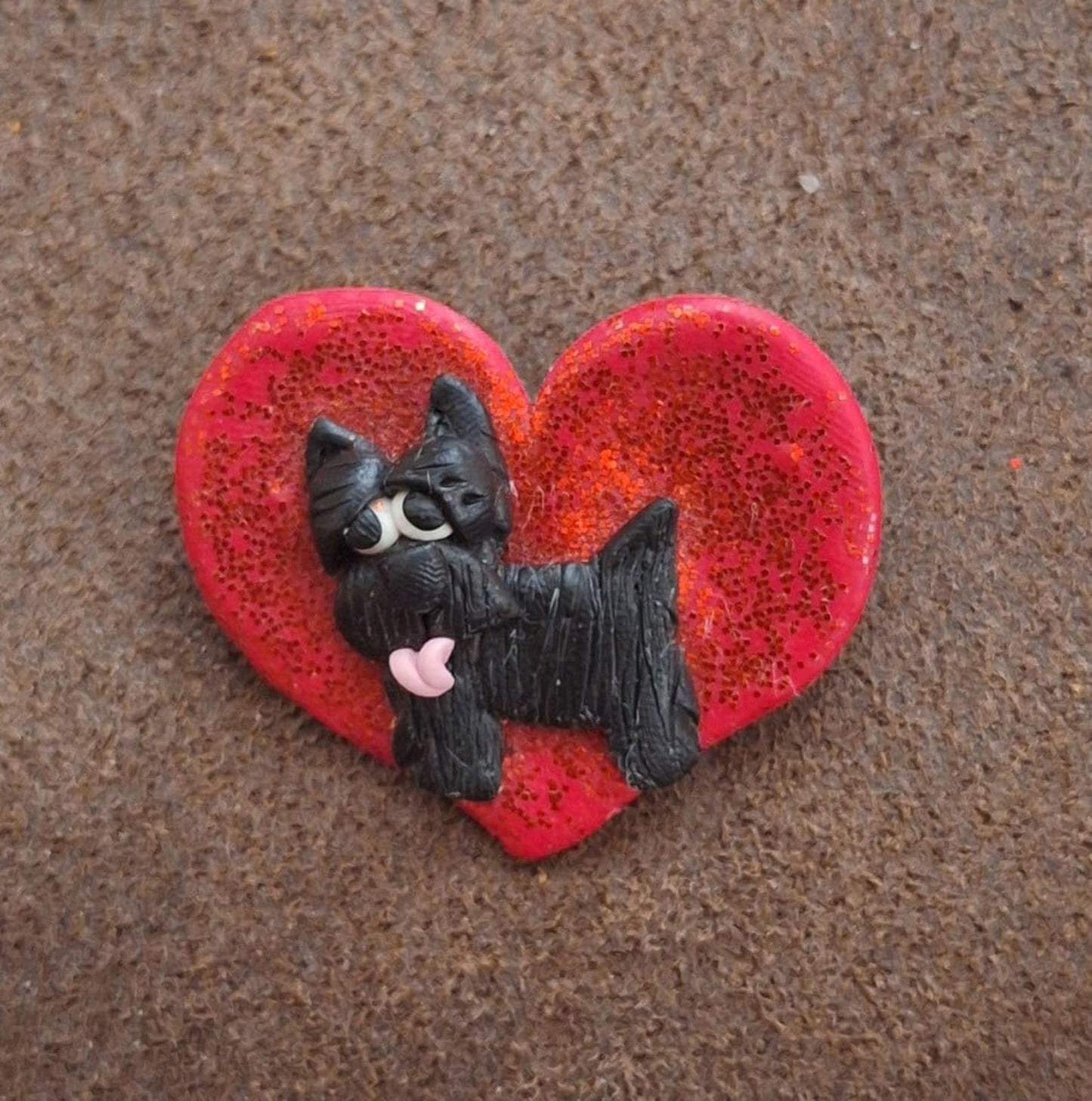 Glittery Red Heart With Black Scotty Dog With Pink Tongue Sticking Out Pin