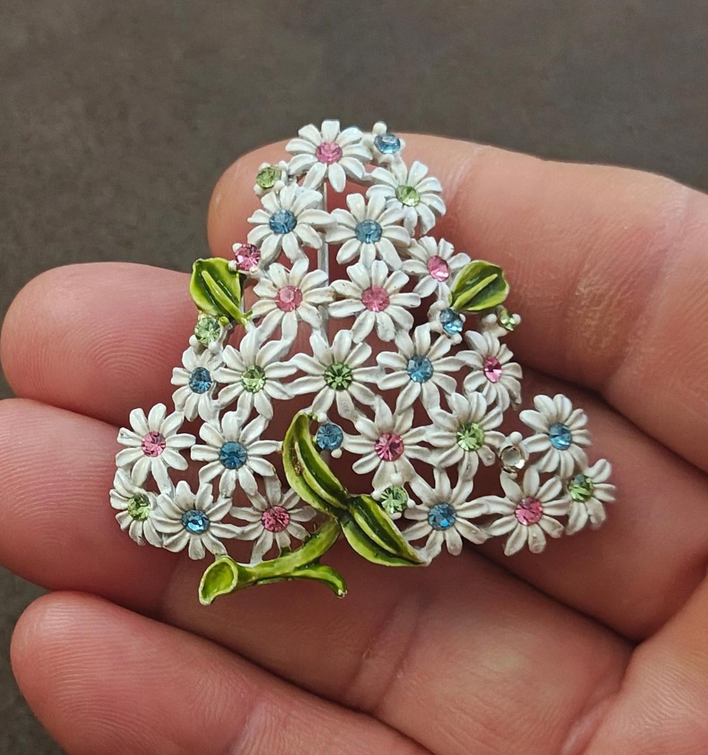 1960s Gold Tone White Flowers & Pink Blue Green Rhinestones Brooch
