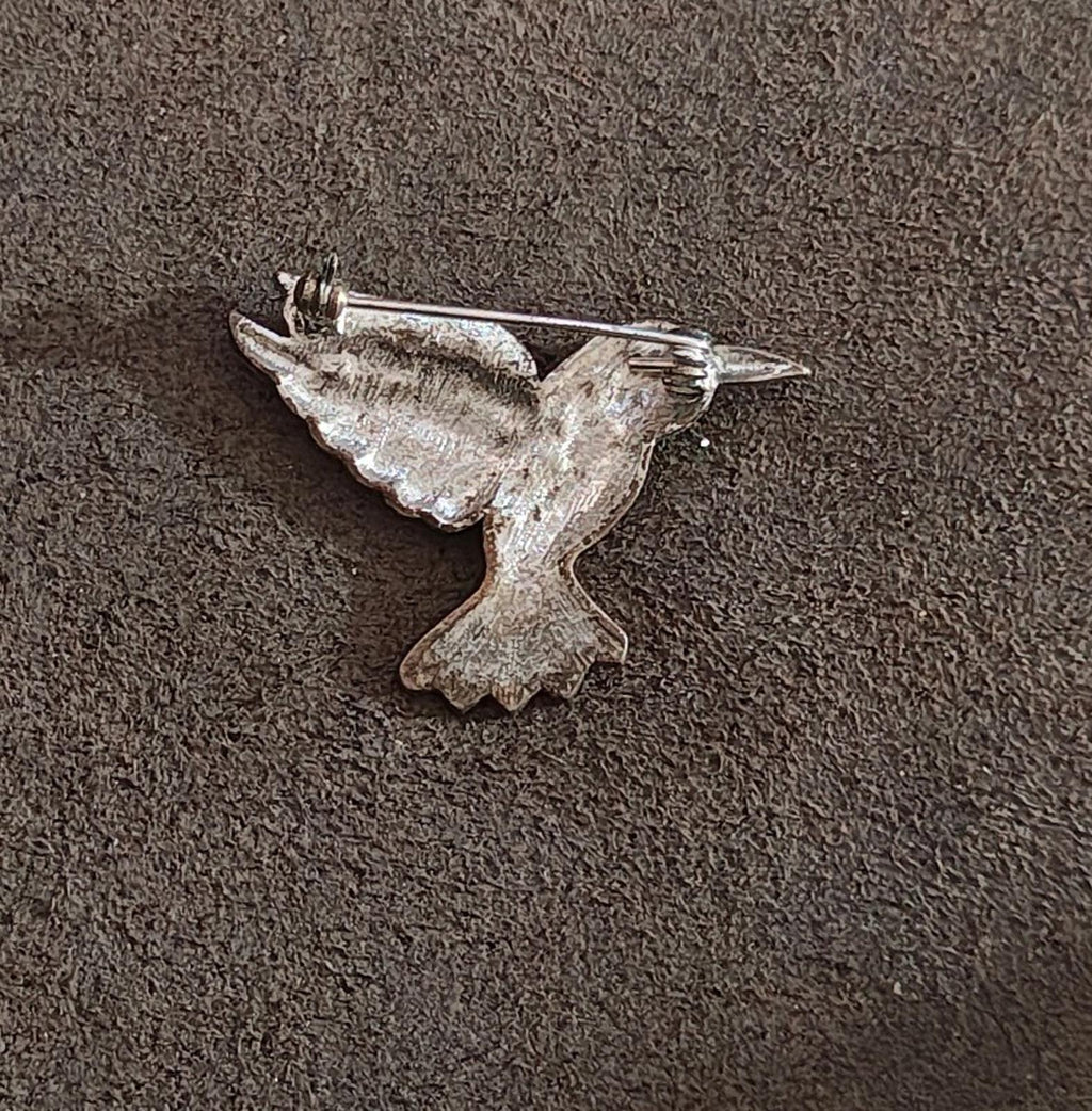 1990s Silver Tone Marcasite With Black Enamel Hummingbird Brooch Pin