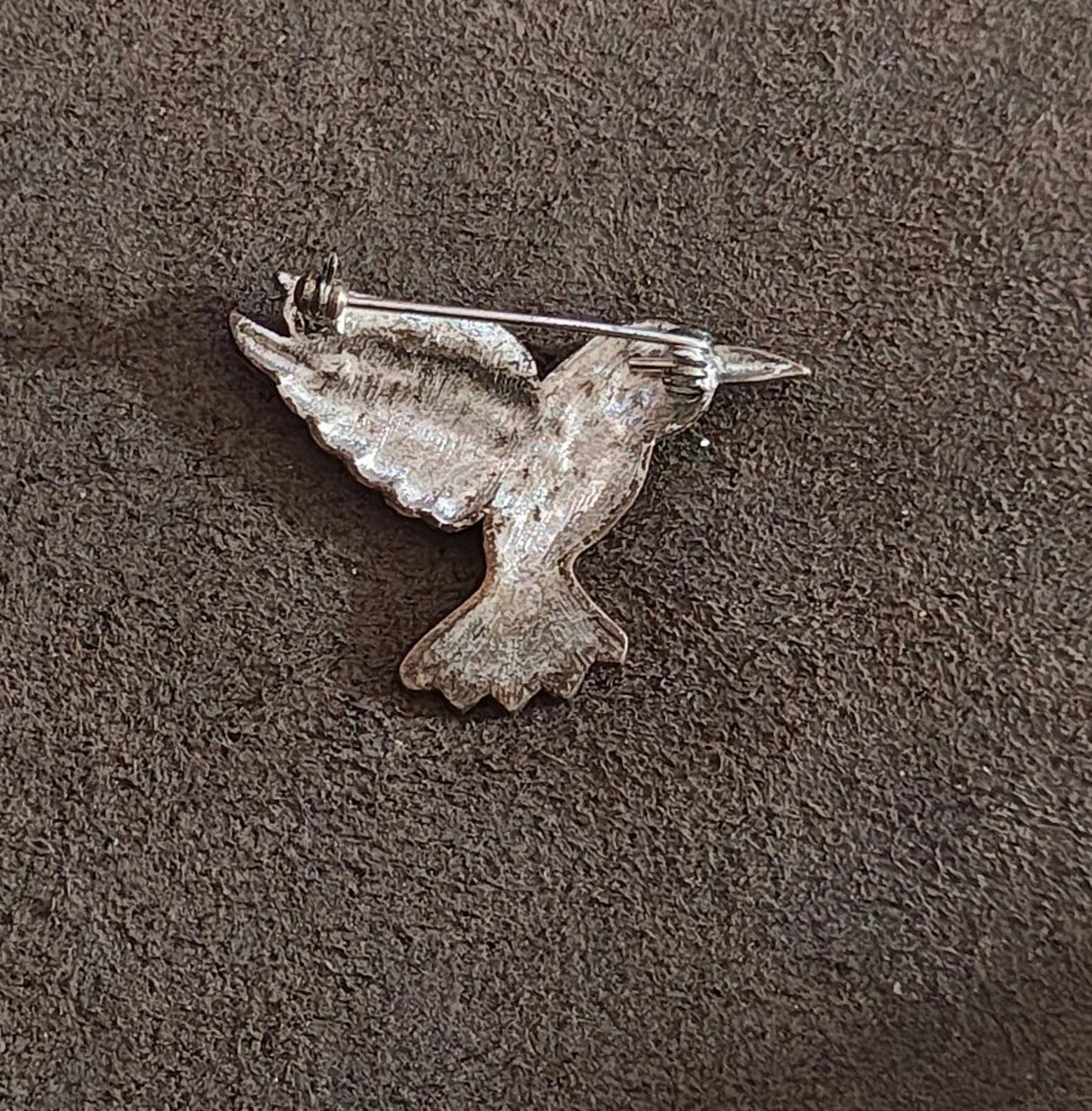 1990s Silver Tone Marcasite With Black Enamel Hummingbird Brooch Pin