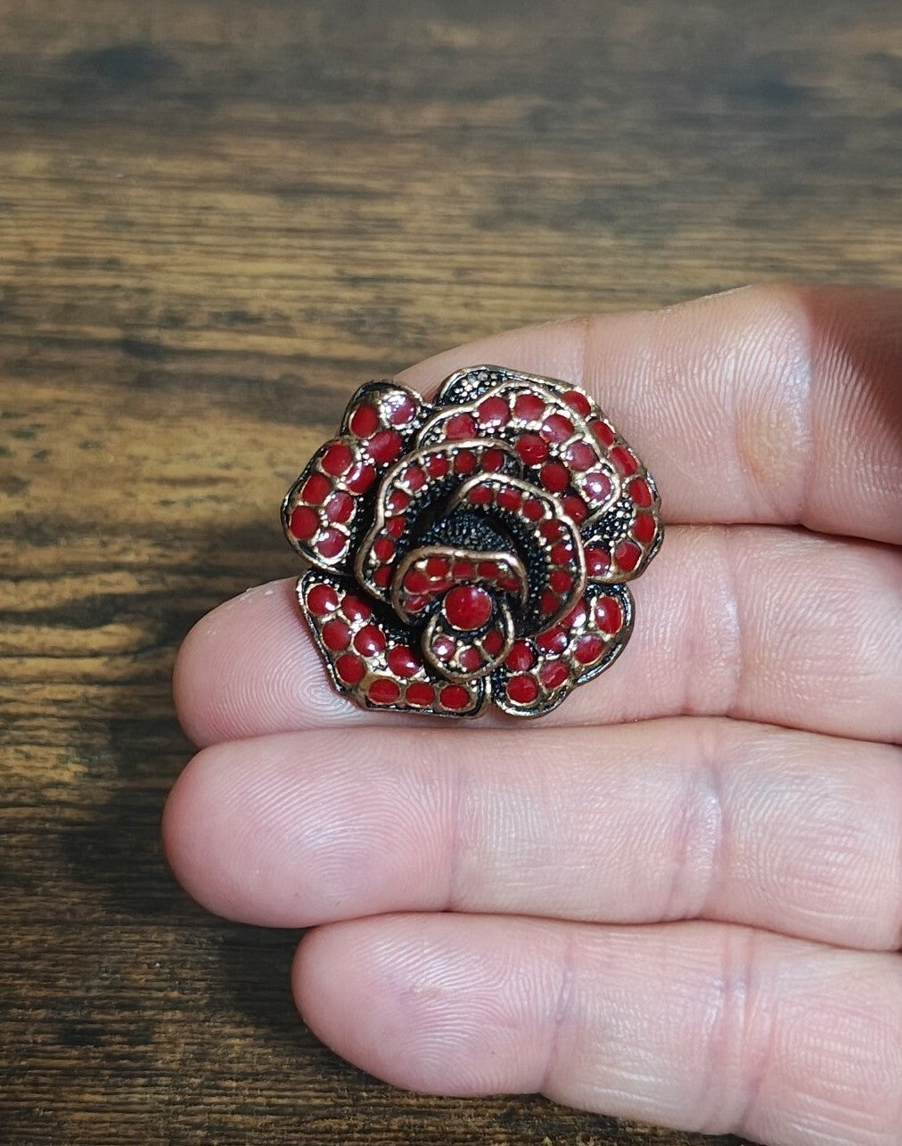 Three Dimensional Vintage Style Red Enamel Rose Statement Adjustable Ring.