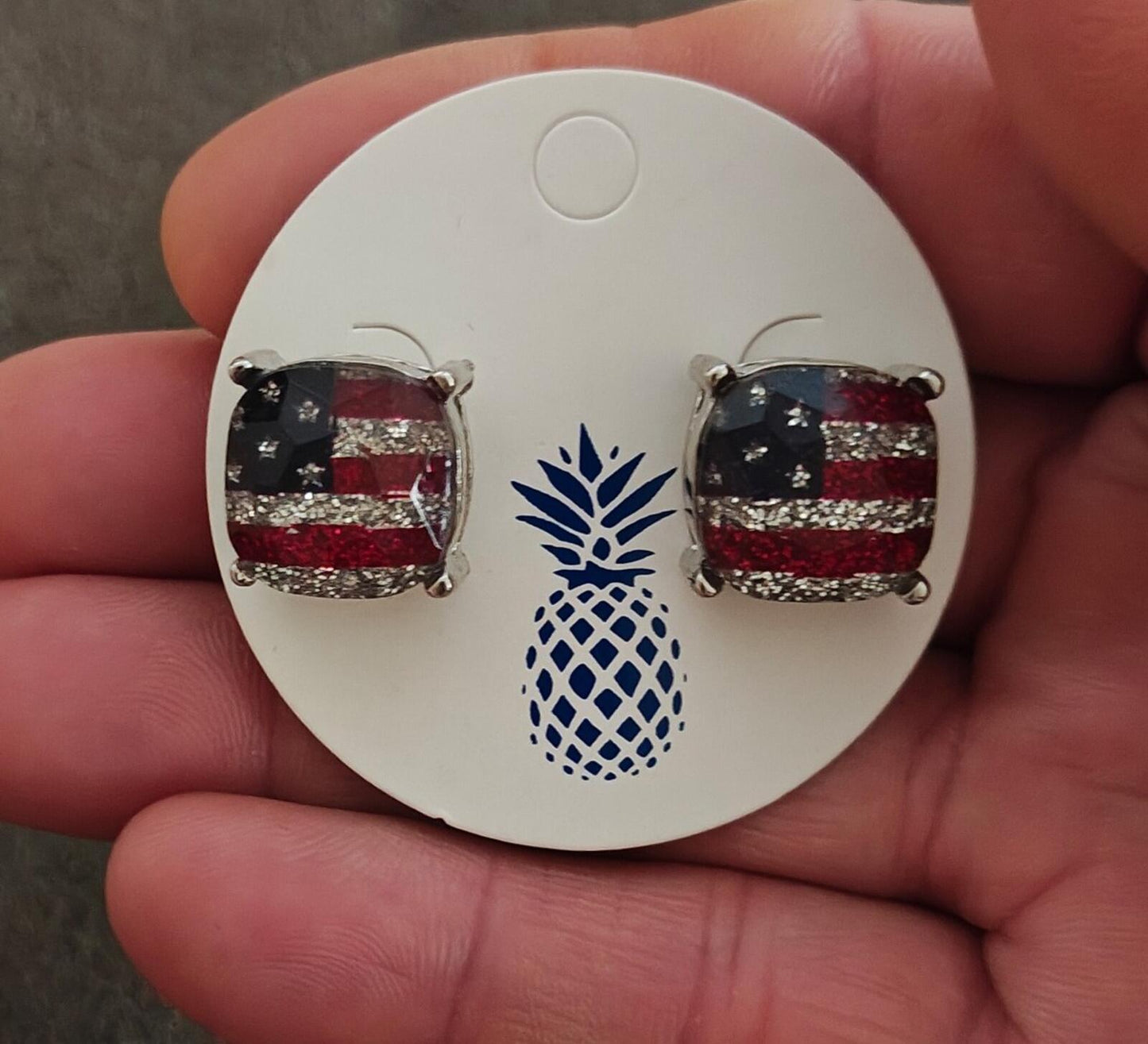 Patriotic Cushion-Cut Glass With Glitter Accents American Flag Stud Earrings.