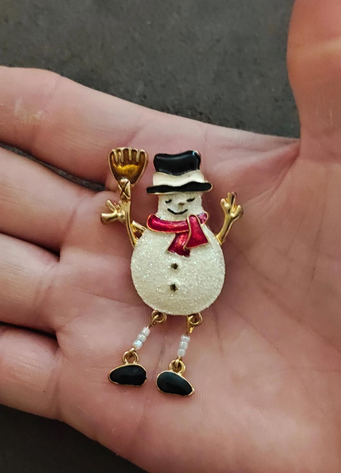 1990s Gold Tone Enamel Snowman Brooch
