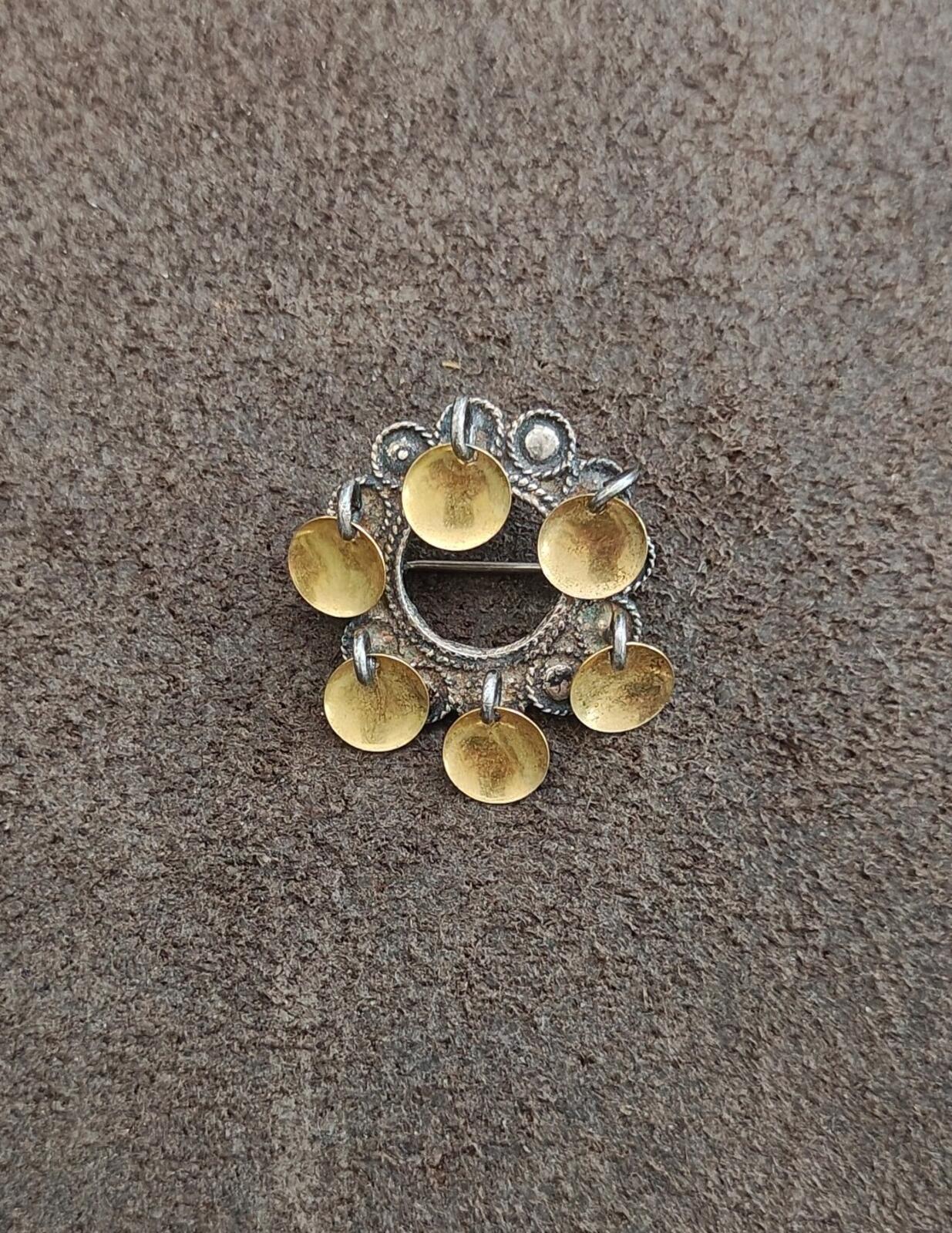 40s Sterling Silver Filigree Norwegian Sølje Brooch With Dangling Gilded Discs