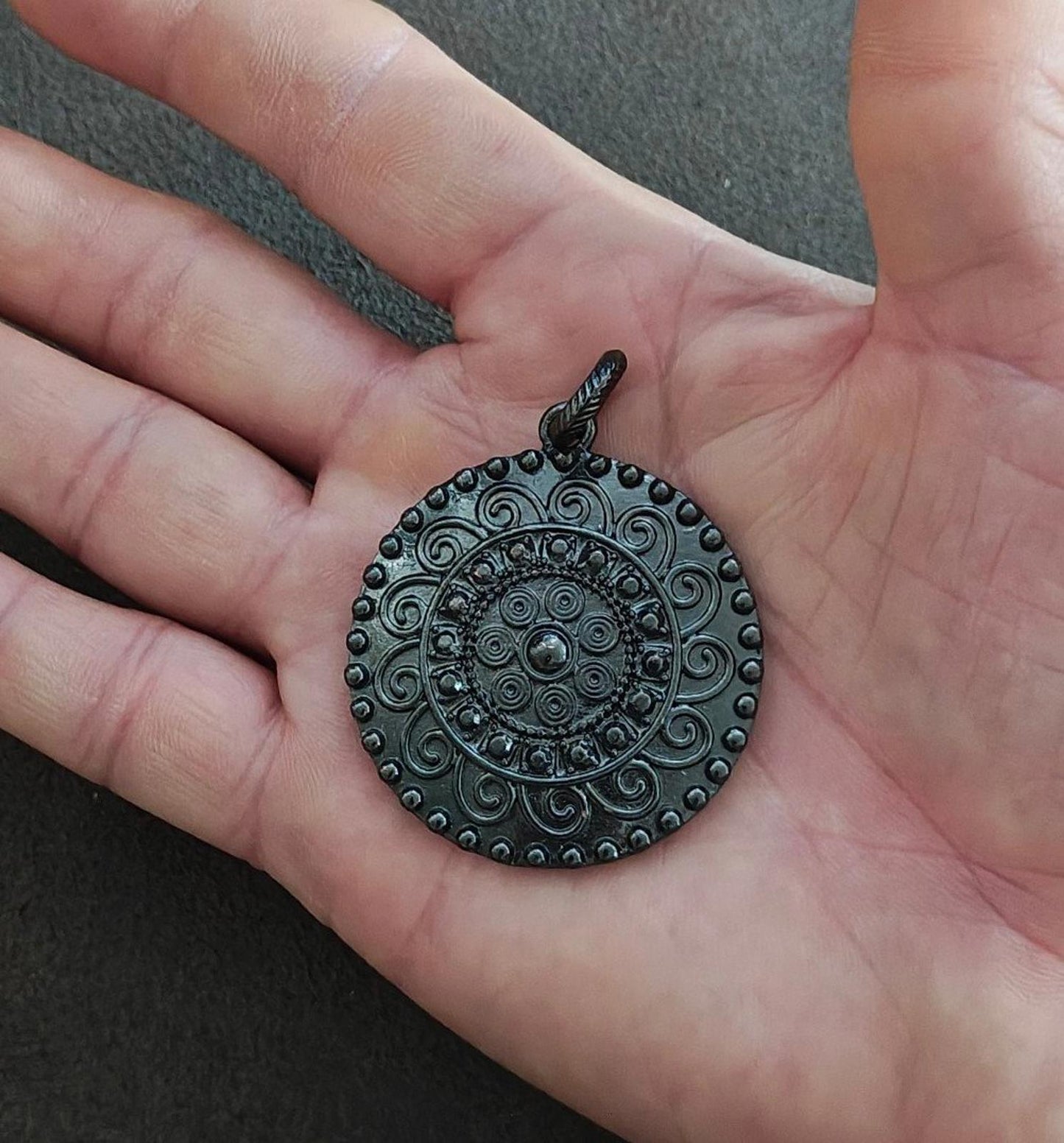 1990s Gun Metal Round Floral Design Pendant