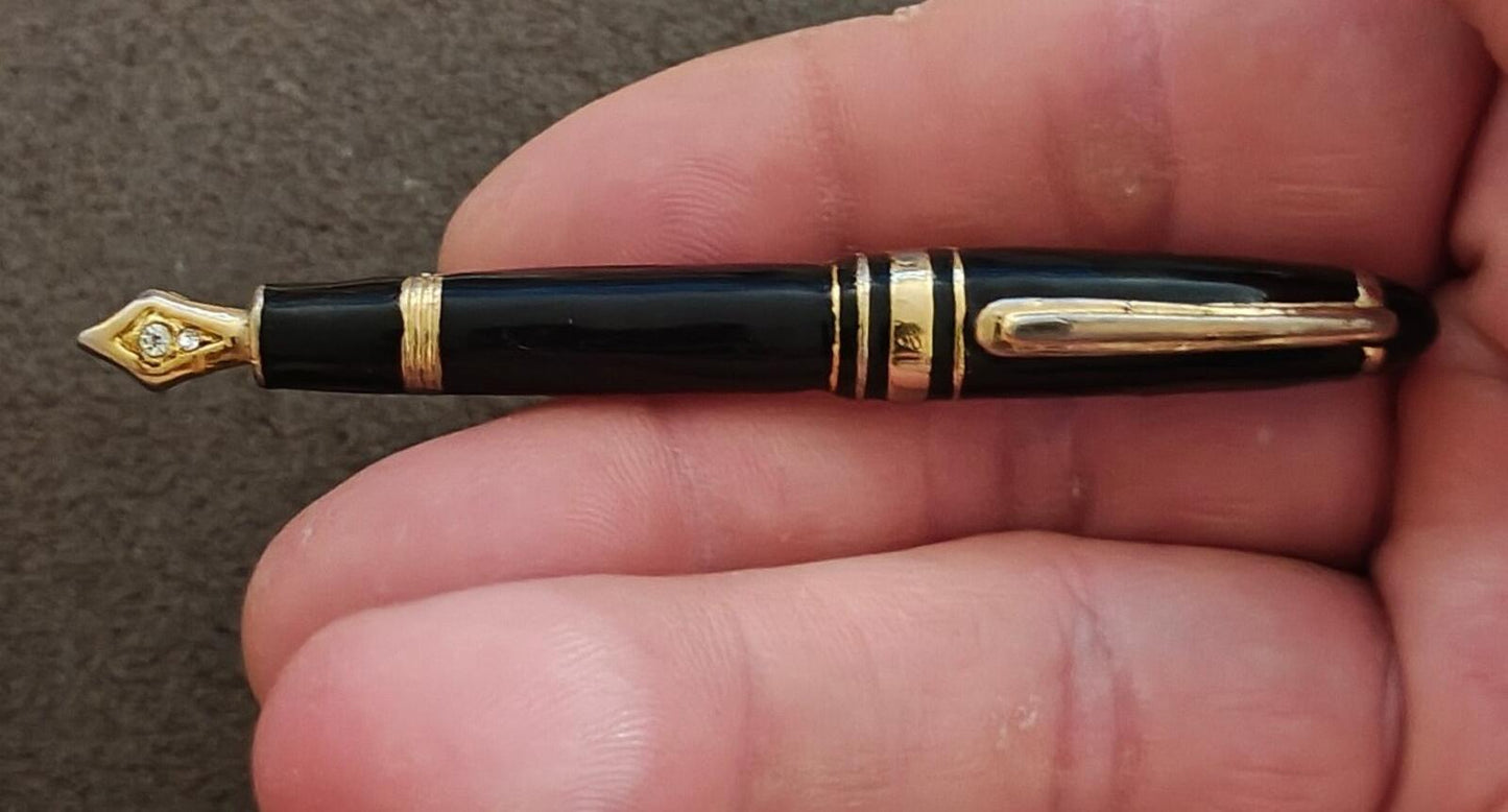 90s Vintage Gold Tone With Black Enamel & Clear Rhinestones Fountain Pen Brooch