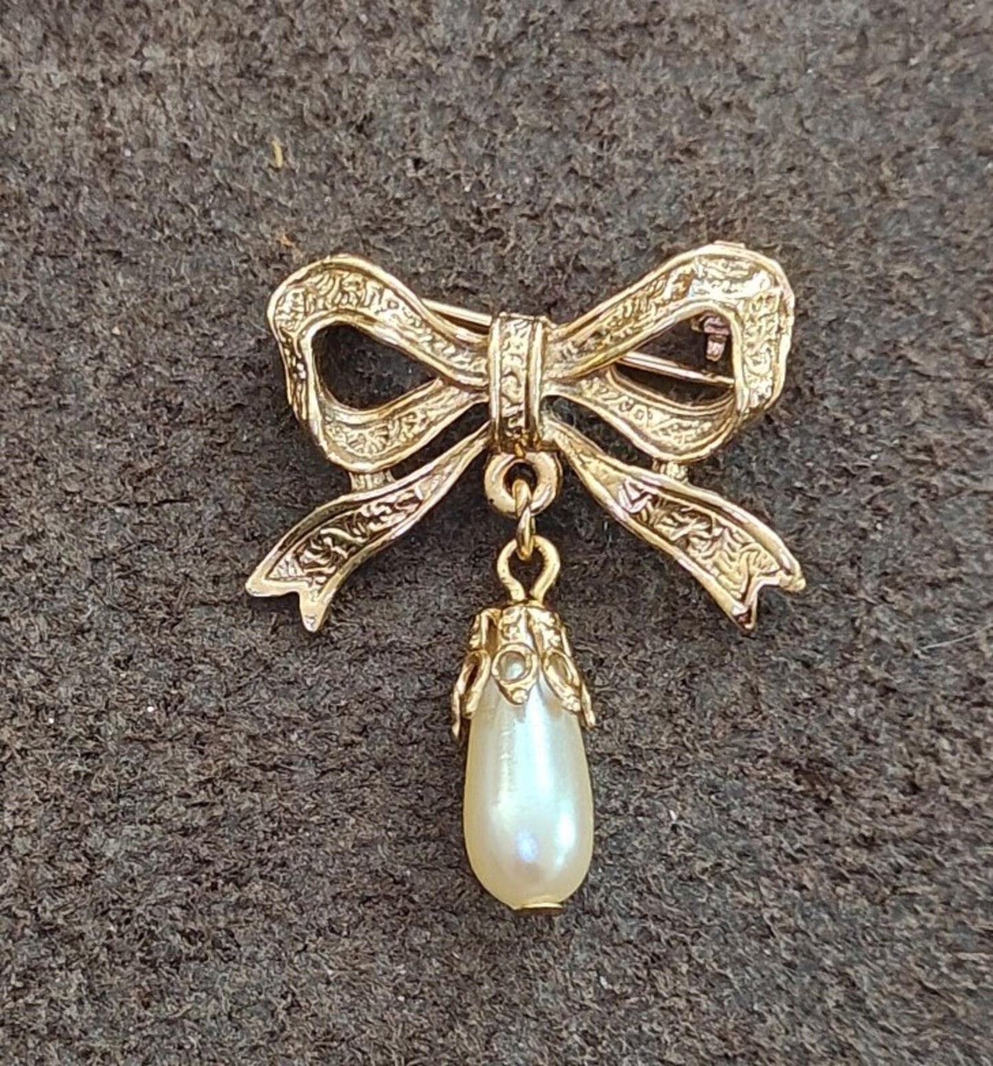 1980s Victorian Revival Embossed Gold Brooch With Dangling Faux Teardrop Pearl