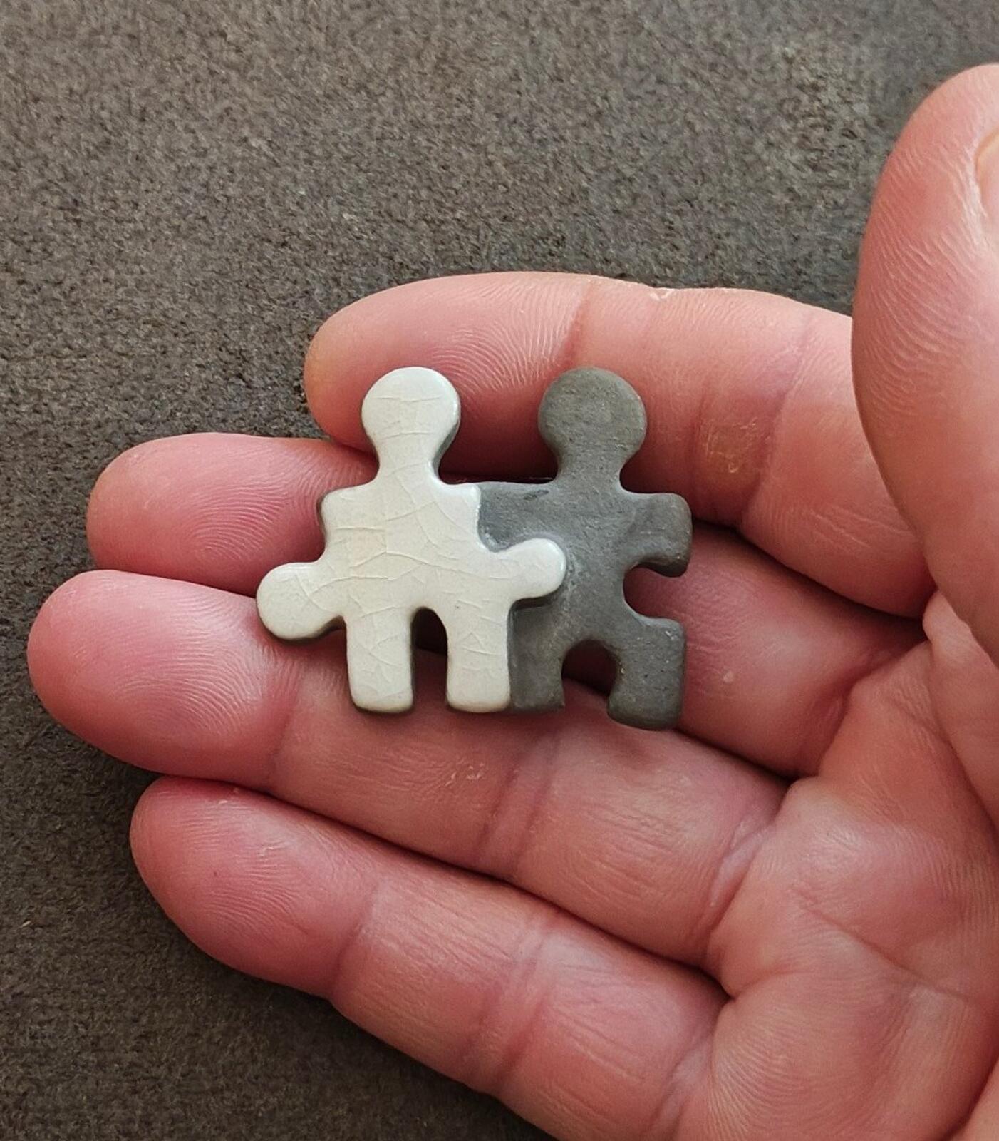 1990s Handcrafted Signed C Welch "Puzzle Buddies" Ceramic & Concrete Brooch