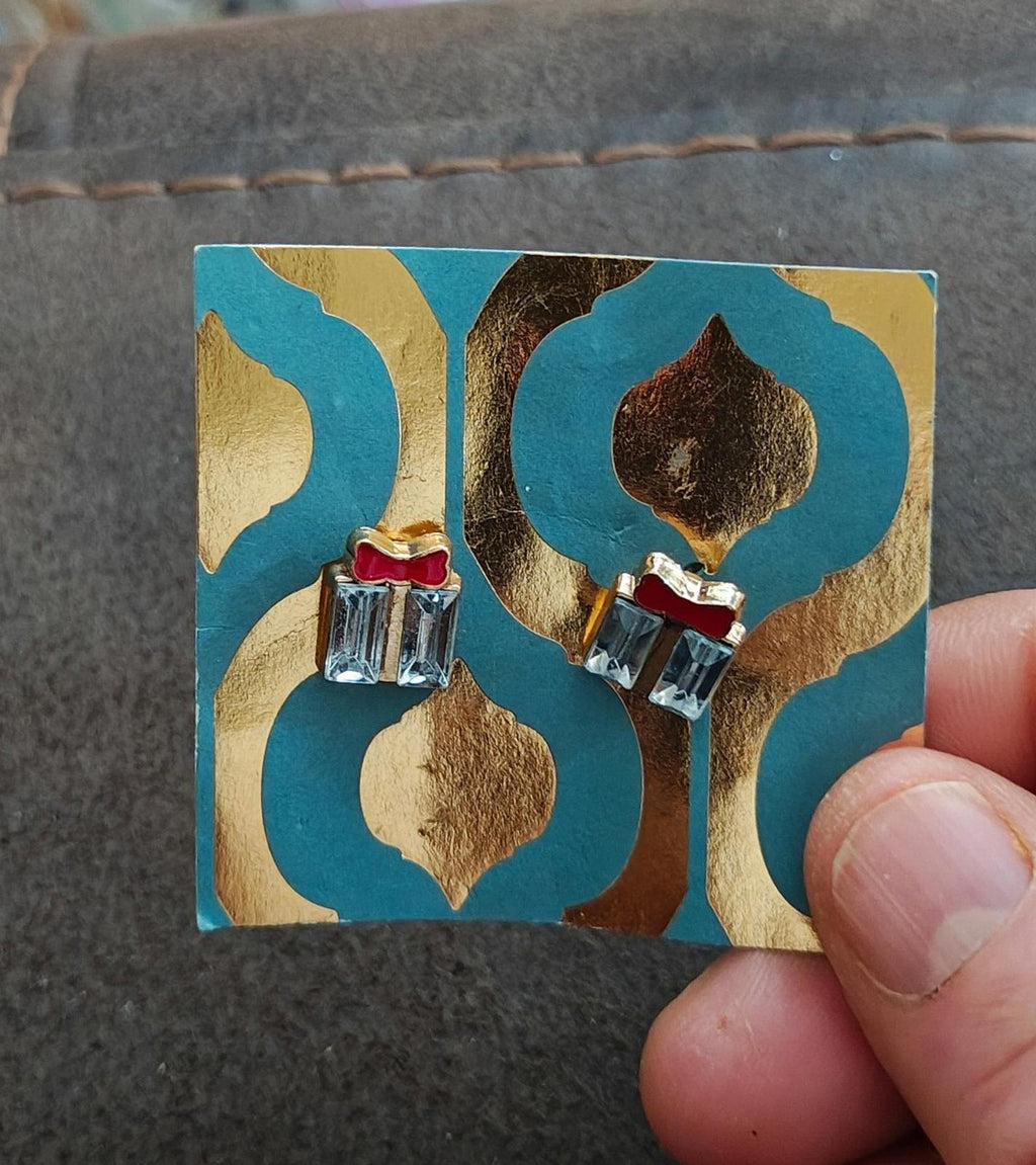 Christmas Present Gold Tone Stud Earrings With Rhinestones And Red Bow