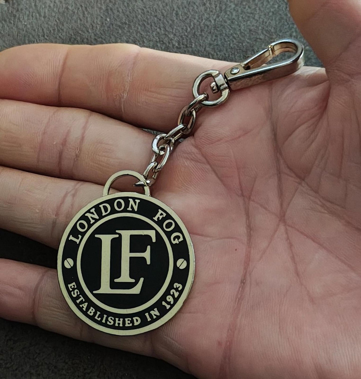 London Fog Logo Gold Tone Black Enamel Keychain/Bag Charm/Fob