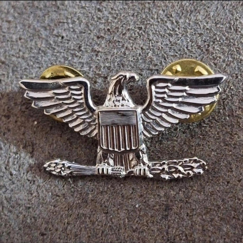 Silver-tone eagle rank pin with wings extended, central shield, and gold circular accents