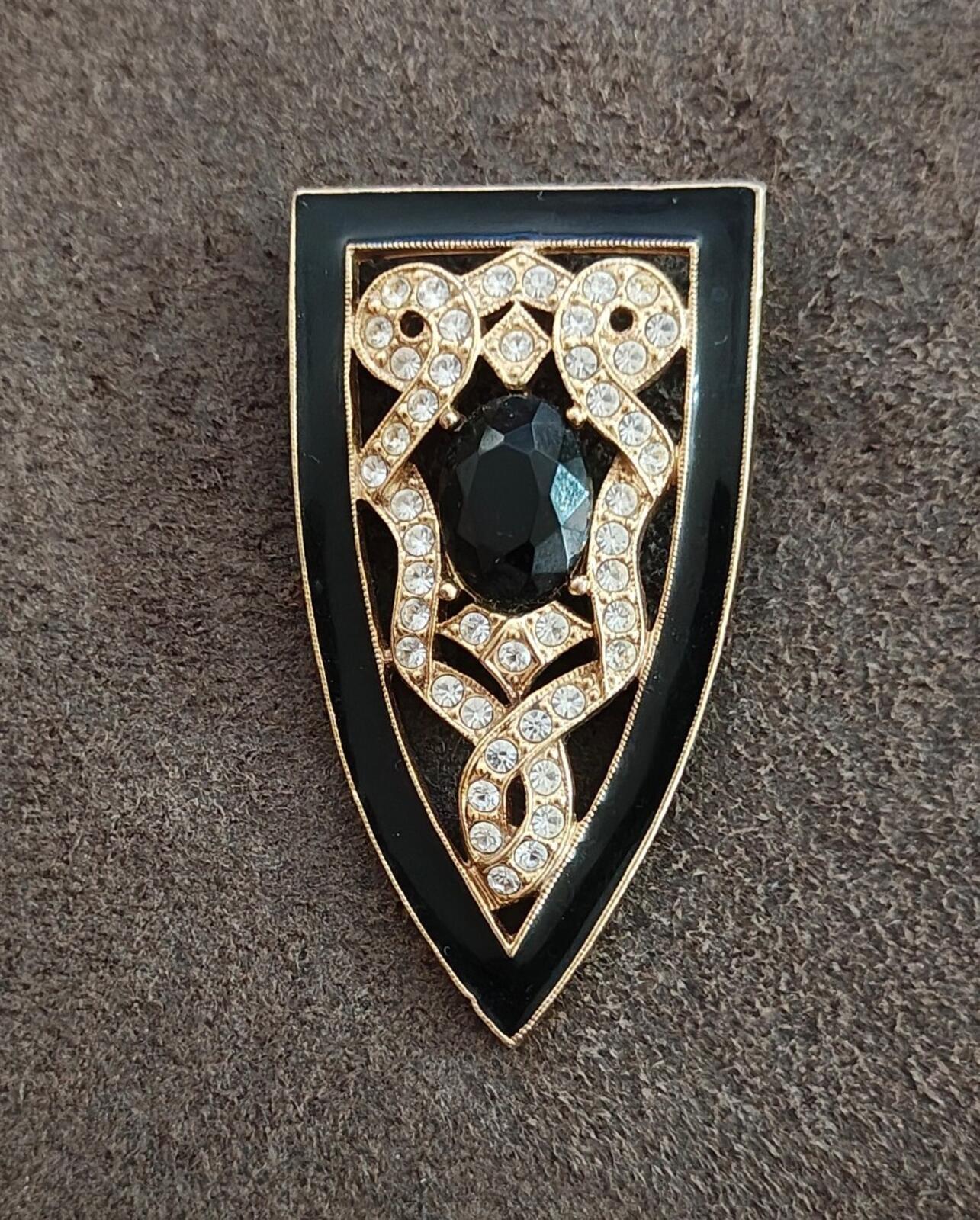 80s Gold Tone Art Deco Enamel Rhinestones & Black Stone 1928 Jewerly Co. Brooch