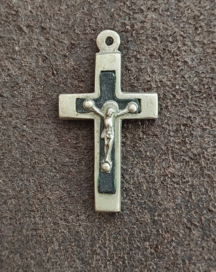 1930s Art Deco French Catholic Pectoral Crucifix With Ebony Wood Inlay Pendant