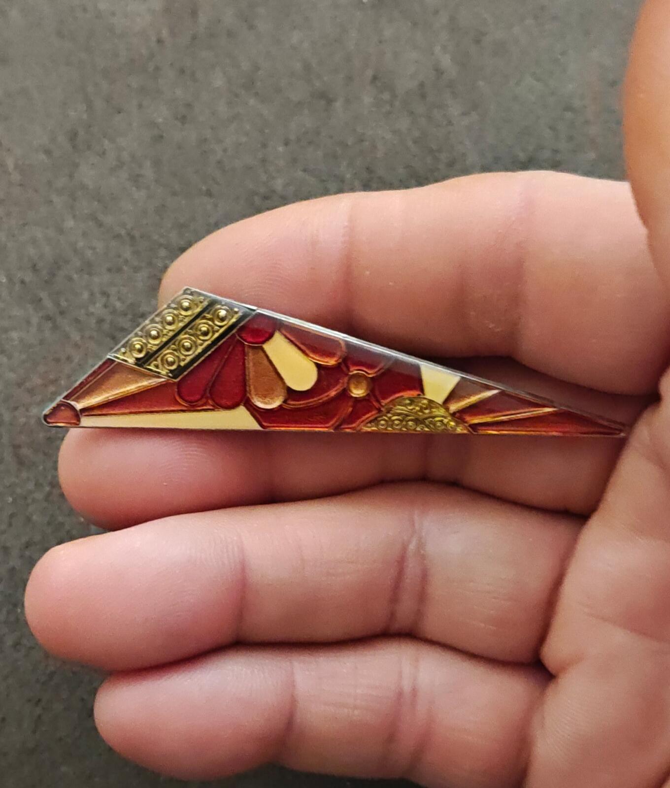 1970s/80s Art Deco Revival Geometric Pierre Bex French Enamel Silver Tone Brooch