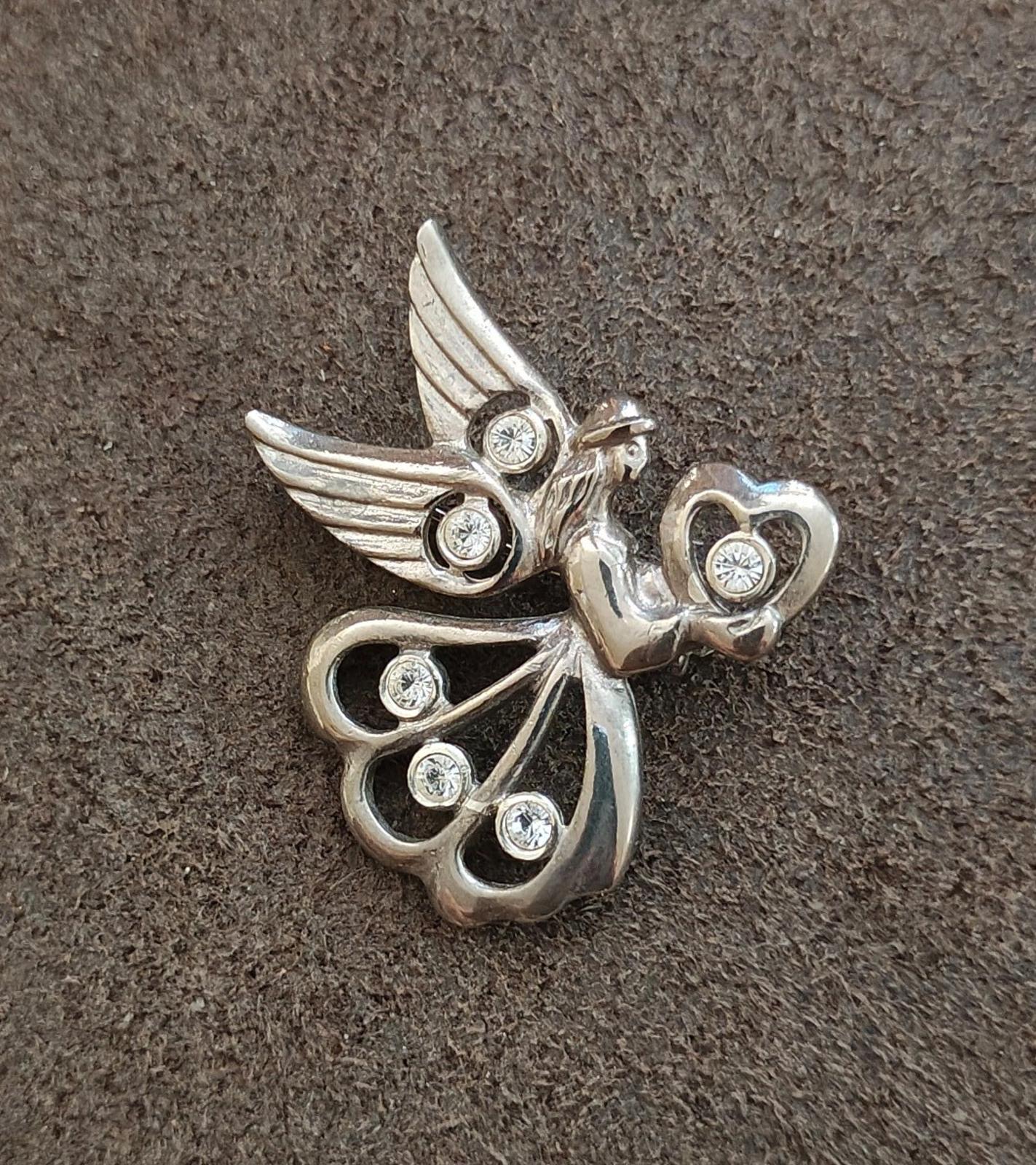 1990's Angel Of Love Angel With Heart and Clear Rhinestones Pin