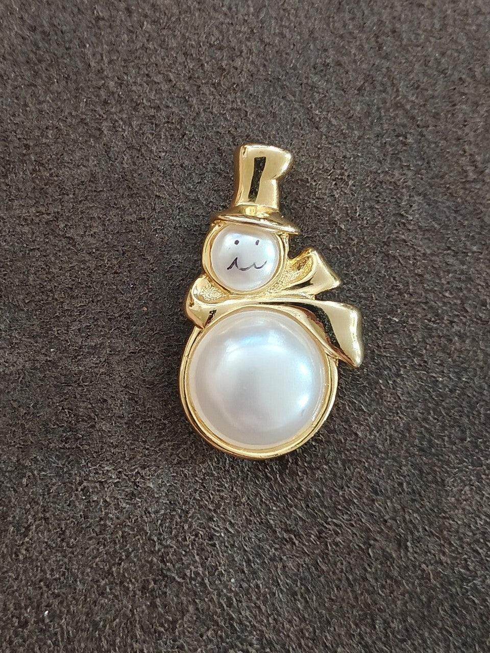 1980s Gold Tone Faux Pearl Snowman Brooch