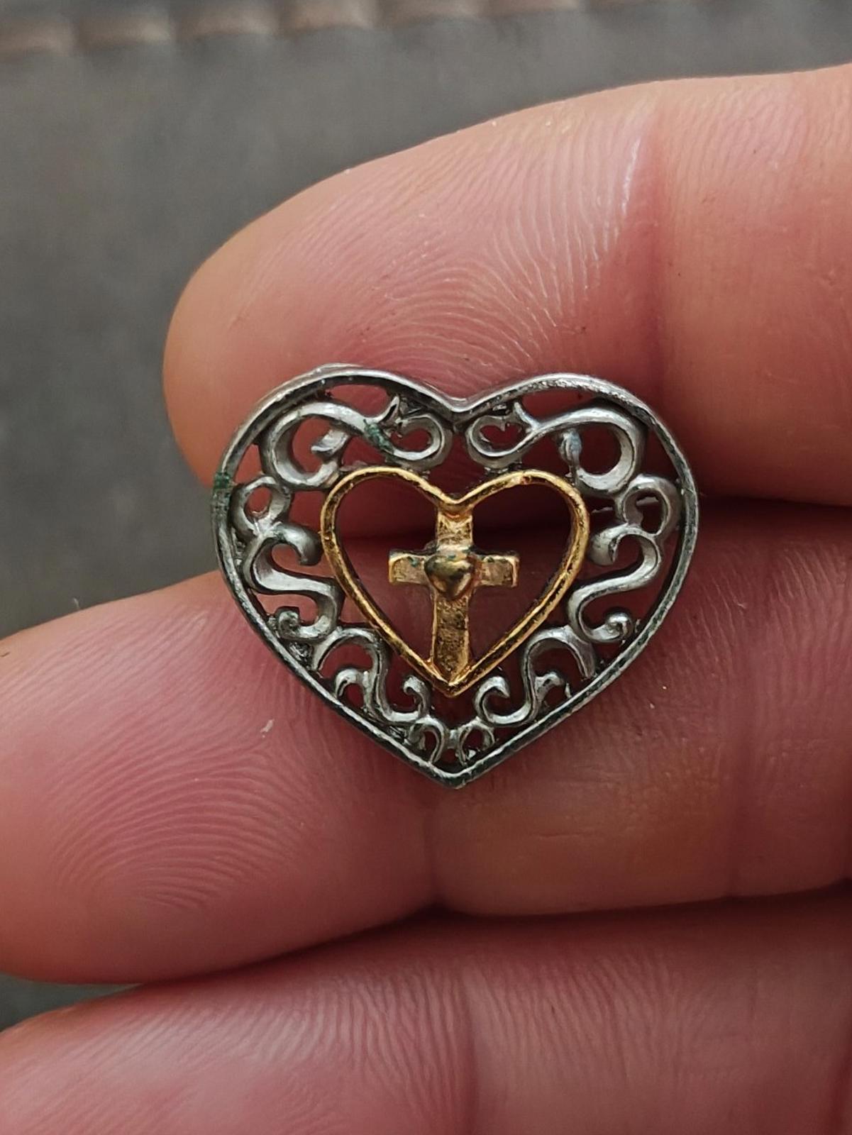 Two Tone Filigree Heart Cross Pin