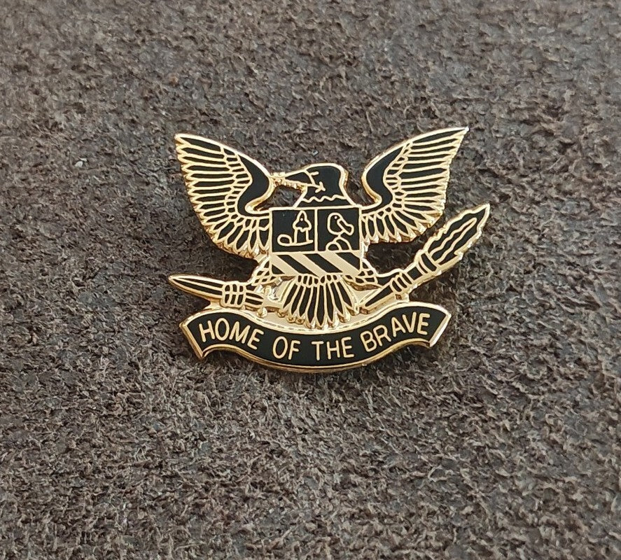 80s Patriotic Bald Eagle Heraldic Shield Home of the Brave Gold Tone Enamel Pin